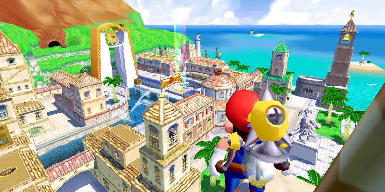 Mario and Fludd looking out over Delfino Plaza in Super Mario Sunshine.
