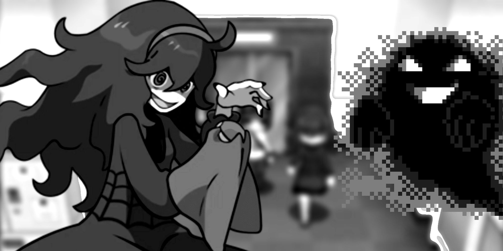 The Lumiose Ghost Girl appearing in the background with the Hex Maniac and original ghost sprite of Pokemon appearing in the foreground.