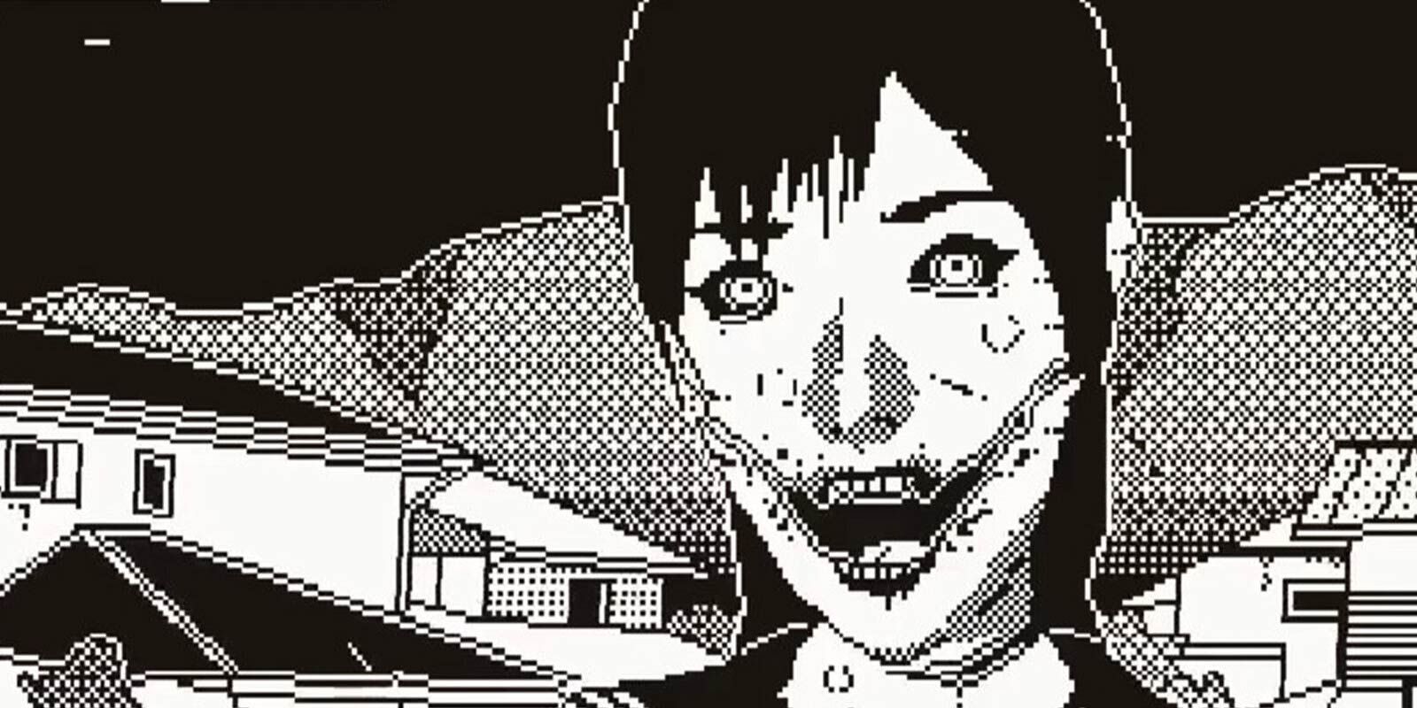 A creepy smiling lady in World of Horror.
