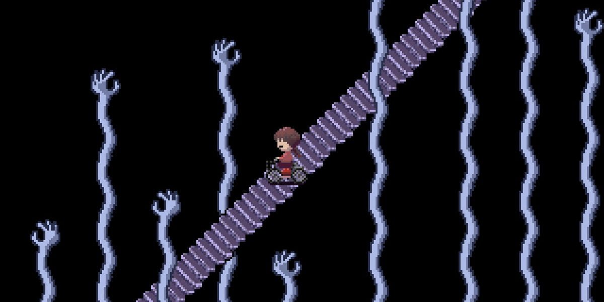 Madotsuki on a staircase with arms in a void