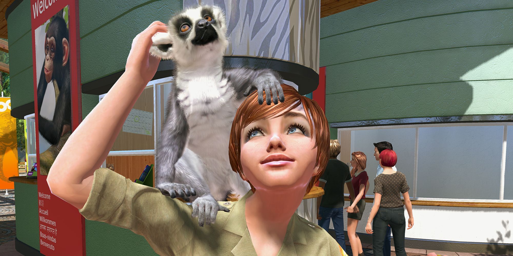 An image from Zoo Tycoon that features a meerkat on top of a zoo worker.