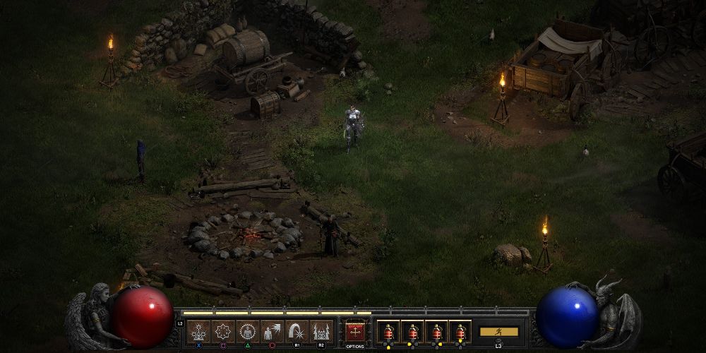 A player character looking around a camp in Diablo 2: The Resurrection