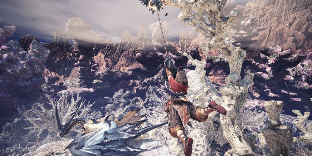 A player engages a giant winged creature in Monster Hunter: World