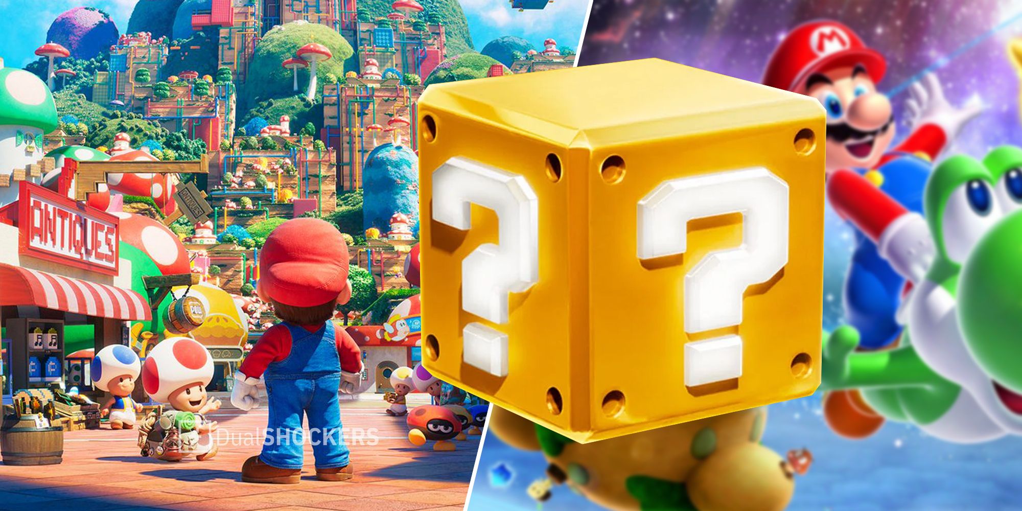 Nintendo Super Mario Bros. Movie poster on left, question block and Super Mario Galaxy on right