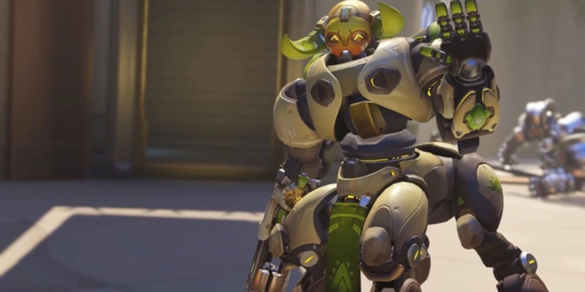 Orisa waving to the camera as part of her default highlight intro in Overwatch.