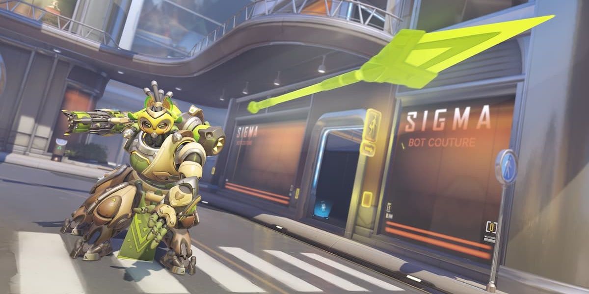 Orisa in her Overwatch 2 design throwing her javelin within a map.