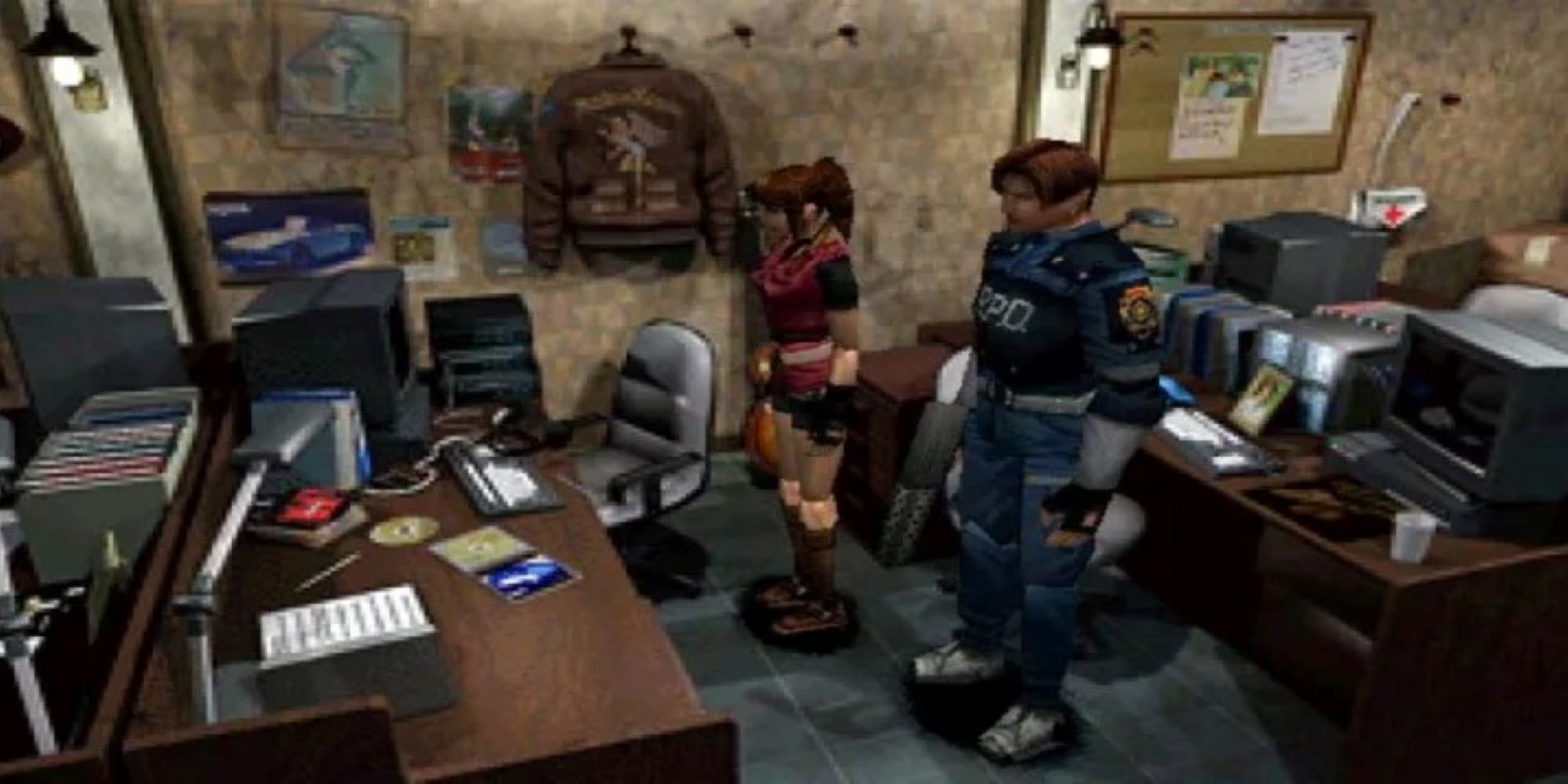 Leon Kennedy and Claire Redfield from Resident Evil 2 in the S.T.A.R.S. room of the RPD police station