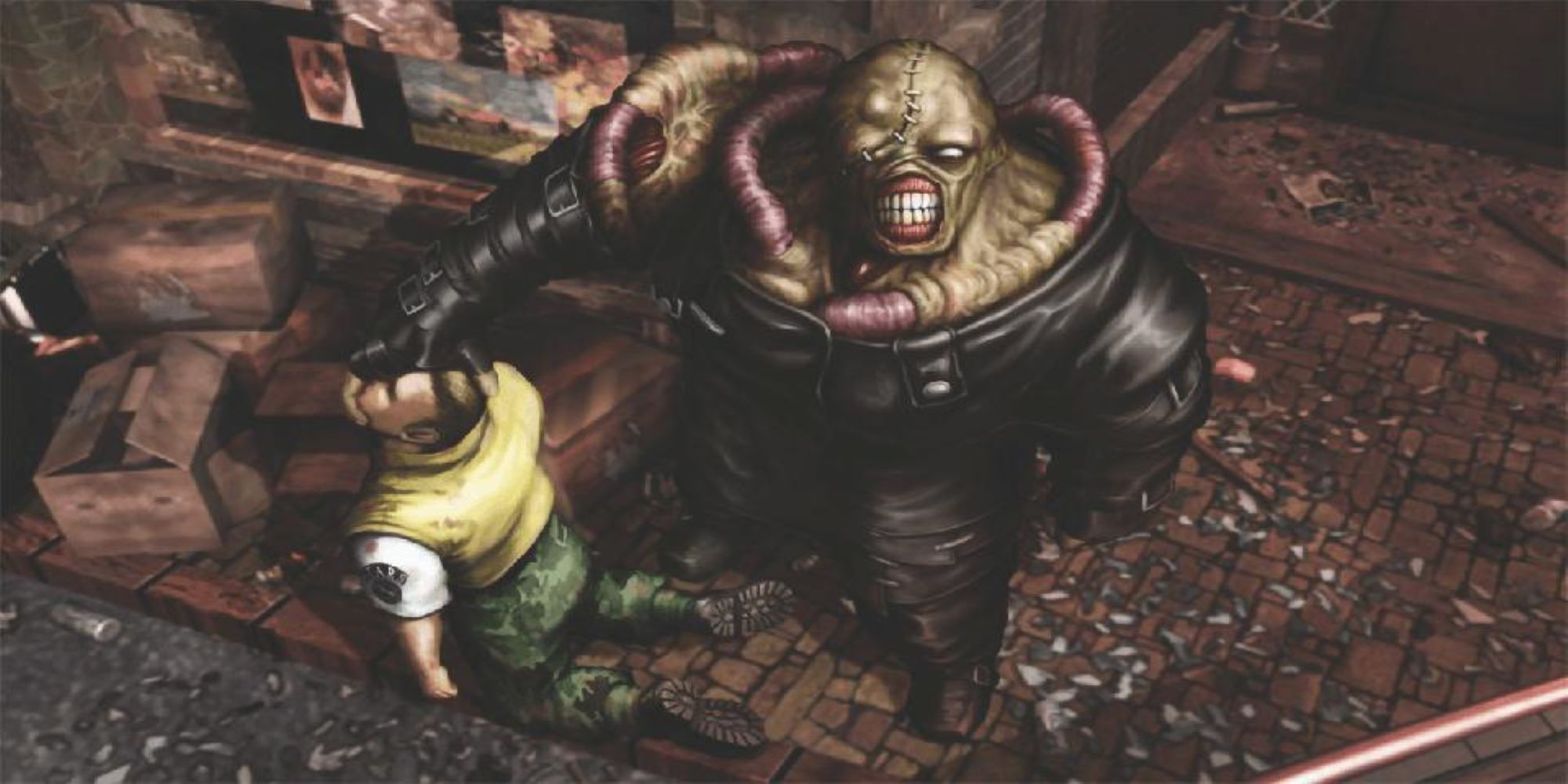 Nemesis from Resident Evil 3 holding a S.T.A.R.S. member and looking at camera