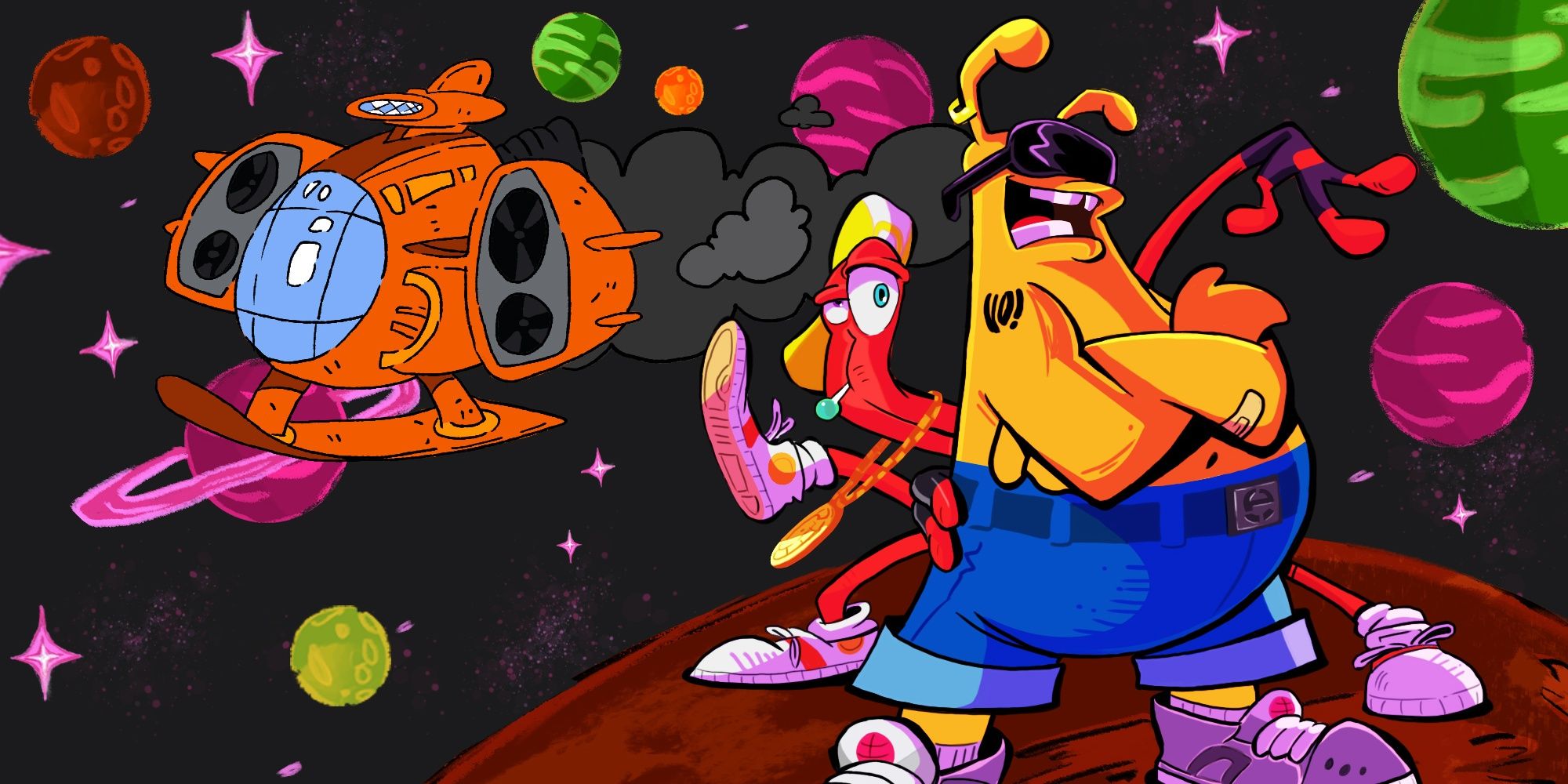 ToeJam And Earl In Space Standing On Tiny Planet Smoking Ship In Background