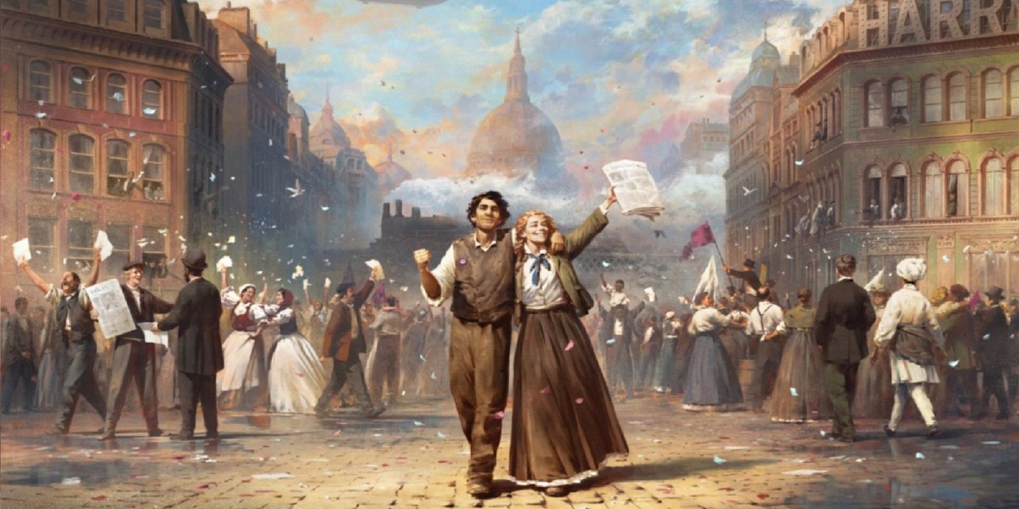 victoria 3 official poster showing a couple celebrating a political victory