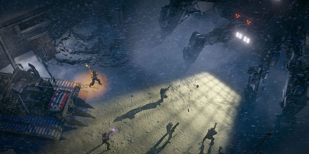 A player squad fighting giant robots in Wasteland 3