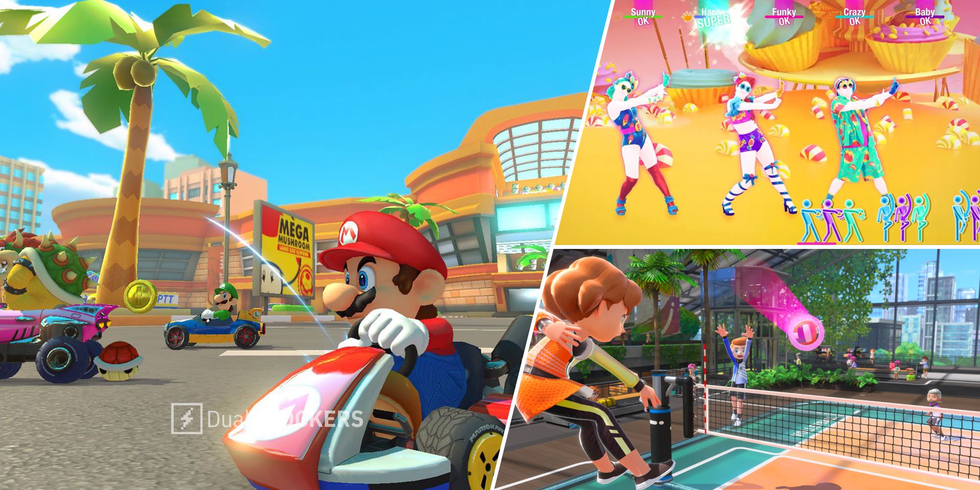 Mario Kart 8 Deluxe, Just Dance 2022, Nintendo Switch Sports
