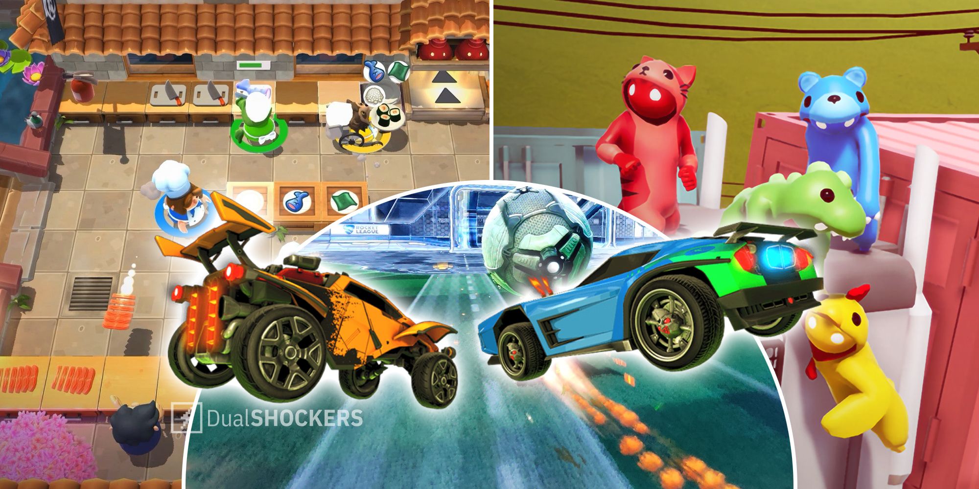 Overcooked 2, Rocket League, Gang Beasts party co-op games