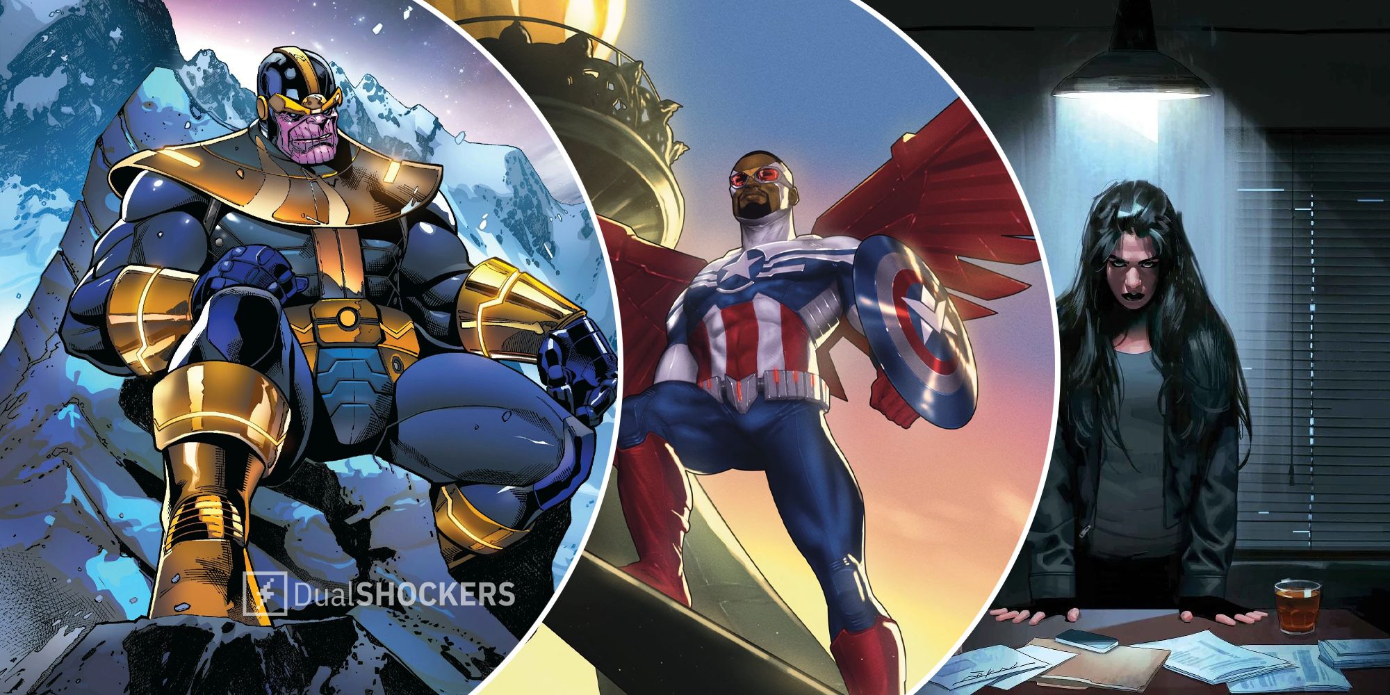 Marvel characters Thanos, Captain America Sam Wilson, and Jessica Jones