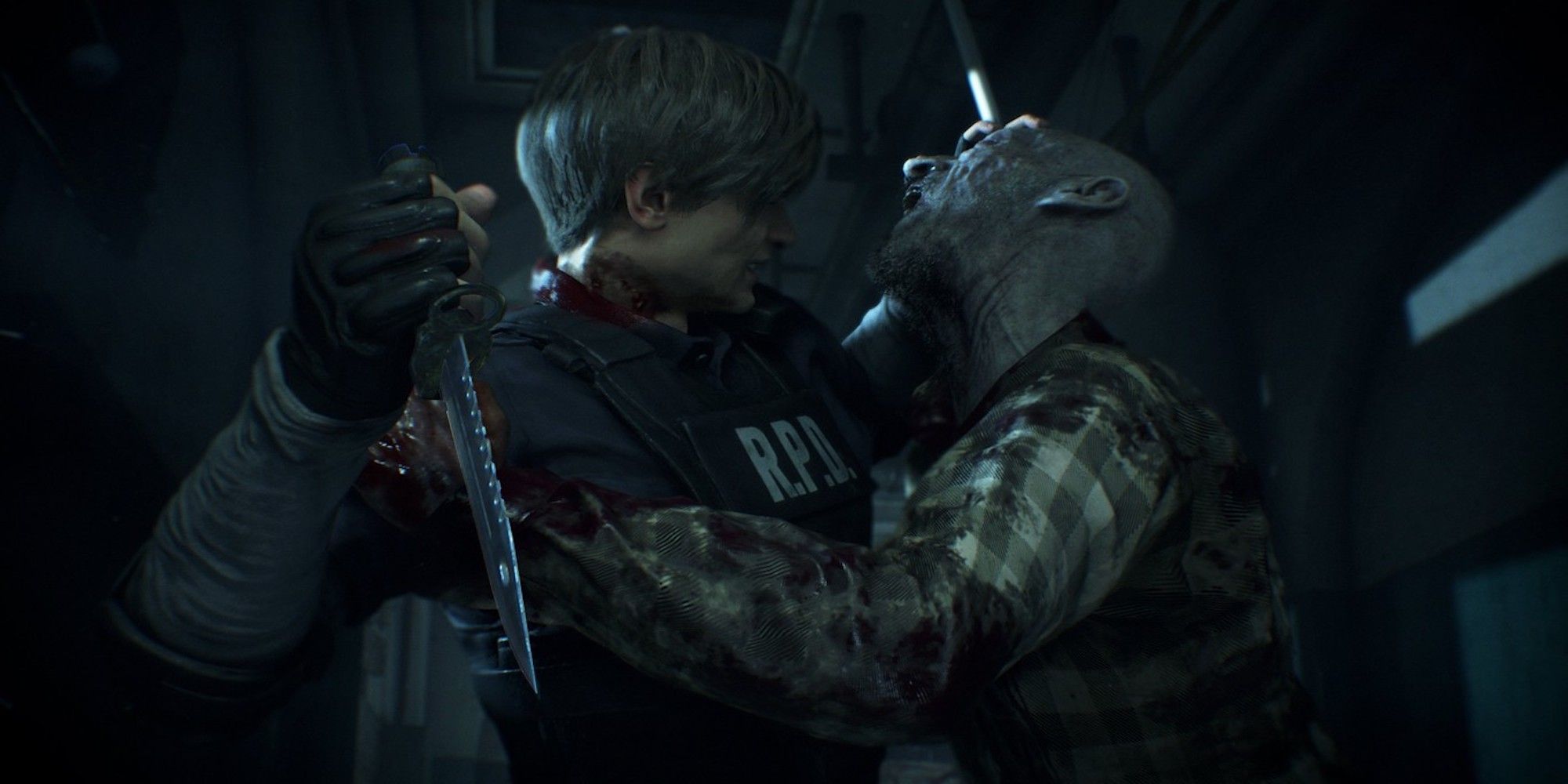 Leon fighting an enemy with a knife (Resident Evil 2)