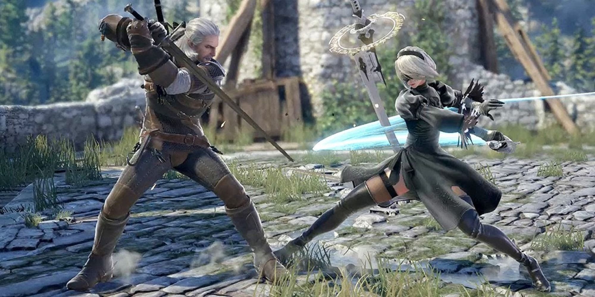 SoulCalibur VI screenshot of Geralt from The Witcher flighting 2B from NieR Automata