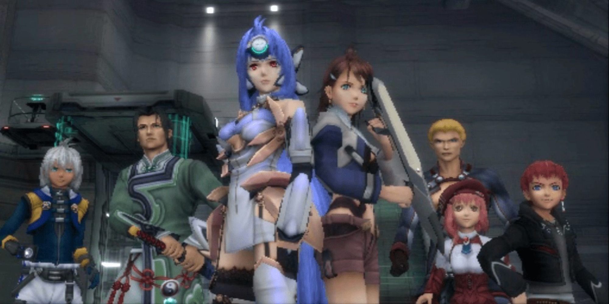Xenosaga 3 cutscene showing the main party members chaos, Jin, KOS-MOS, Shion, Ziggy, MOMO, and Jr