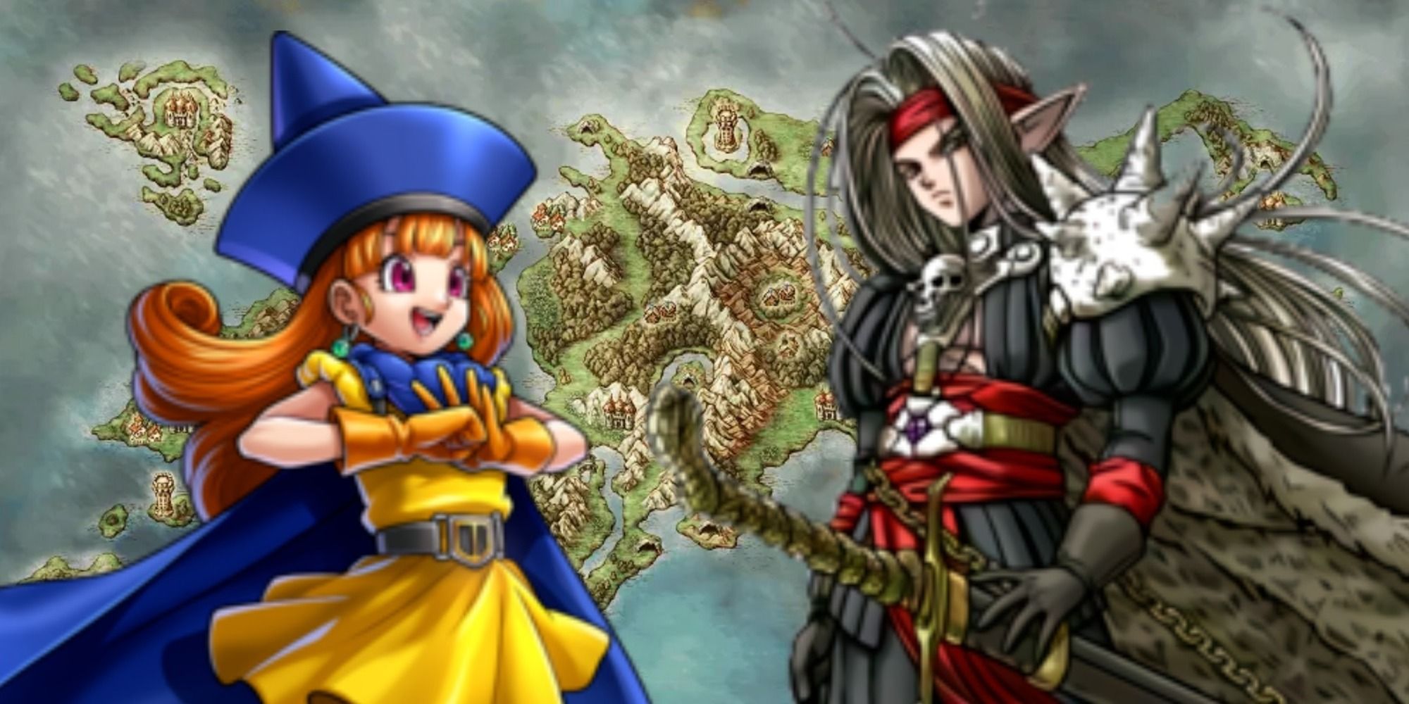 Dragon Quest 4 artwork of Alena and Psaro standing in front of the world map