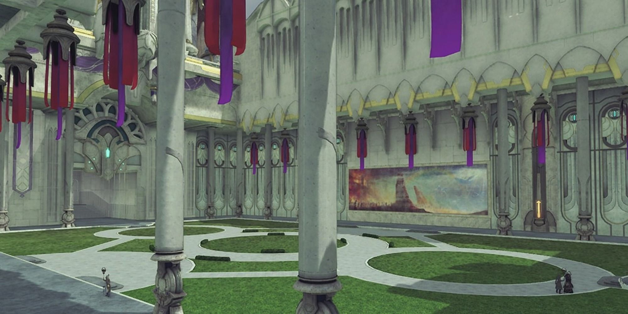 Xenoblade Chronicles 2 screenshot of the Praetorium's garden in Indol with a painting