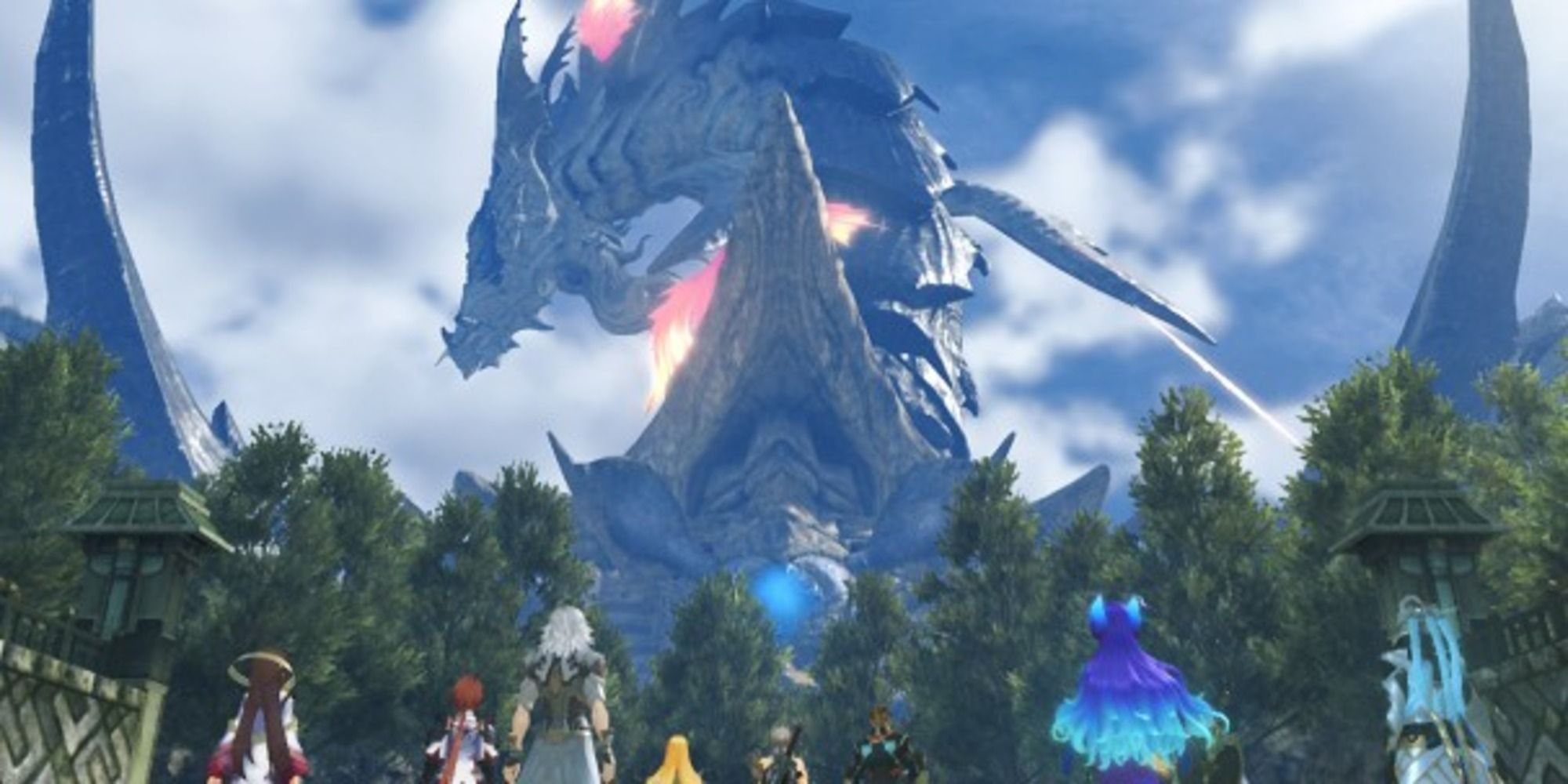 Xenoblade Chronicles 2 Torna the Golden Country screenshot of the party Haze Lora Jin Mythra Addams and Brighid