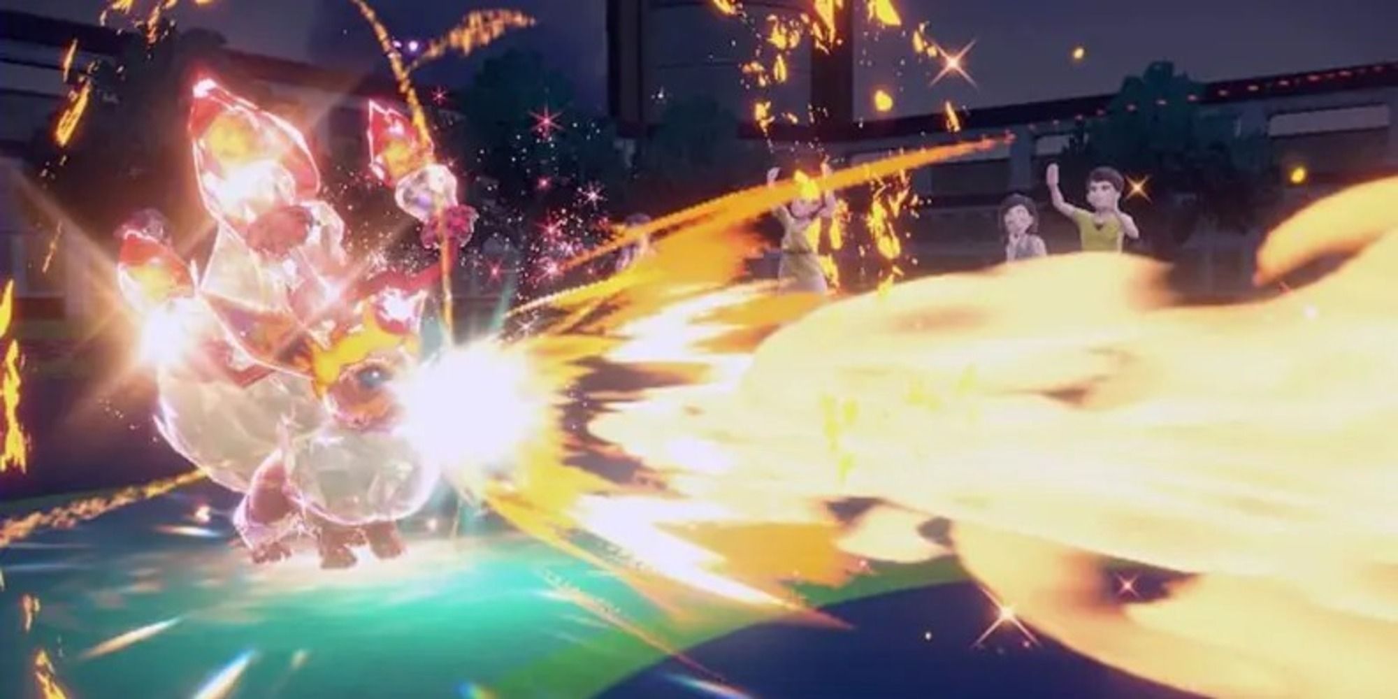 Pokemon Scarlet and Violet screenshot of Fire Tera Type Flareon using Flamethrower