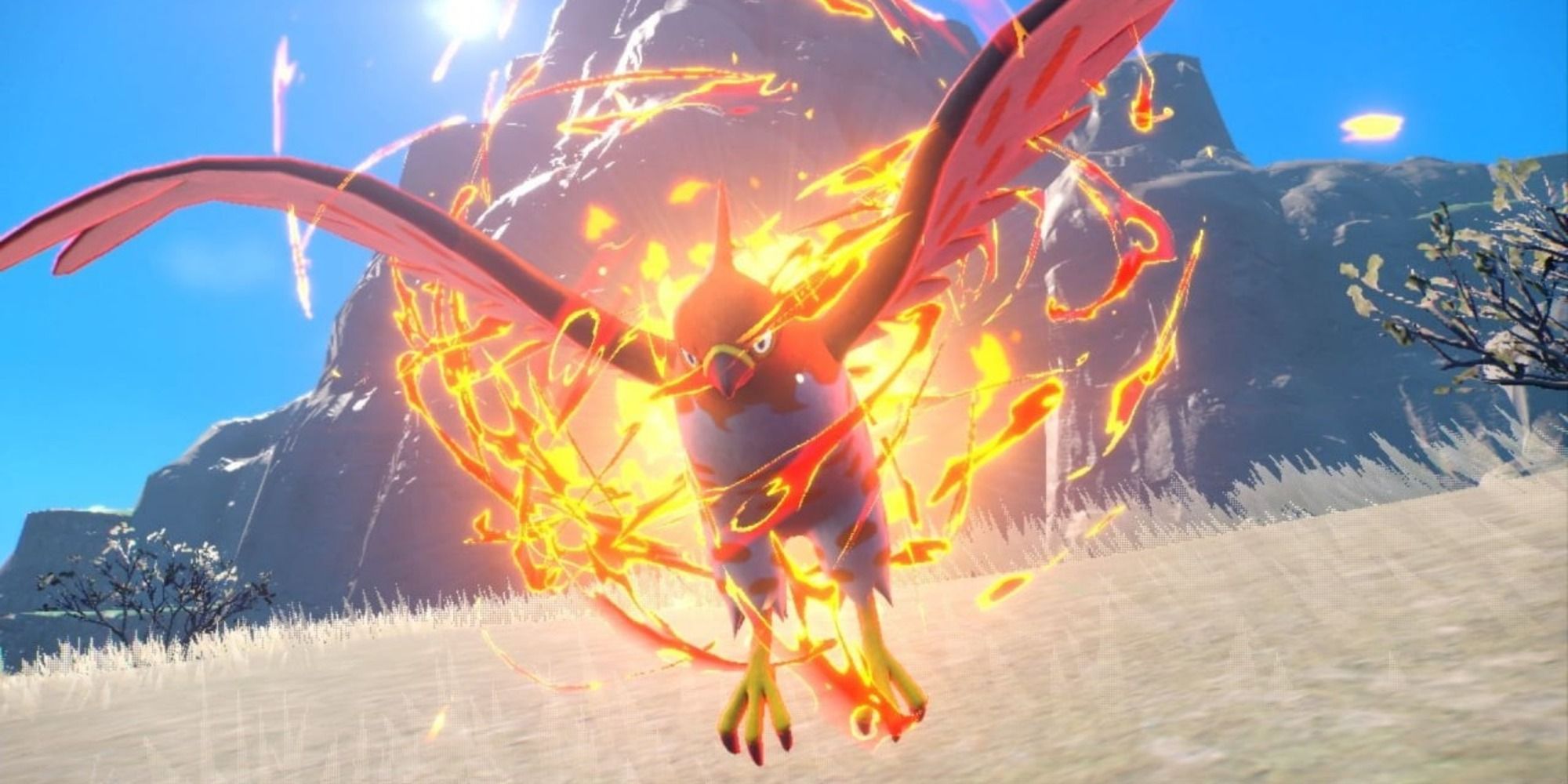 Pokemon Scarlet and Violet screenshot of Talonflame preparing to use a Fire-type move