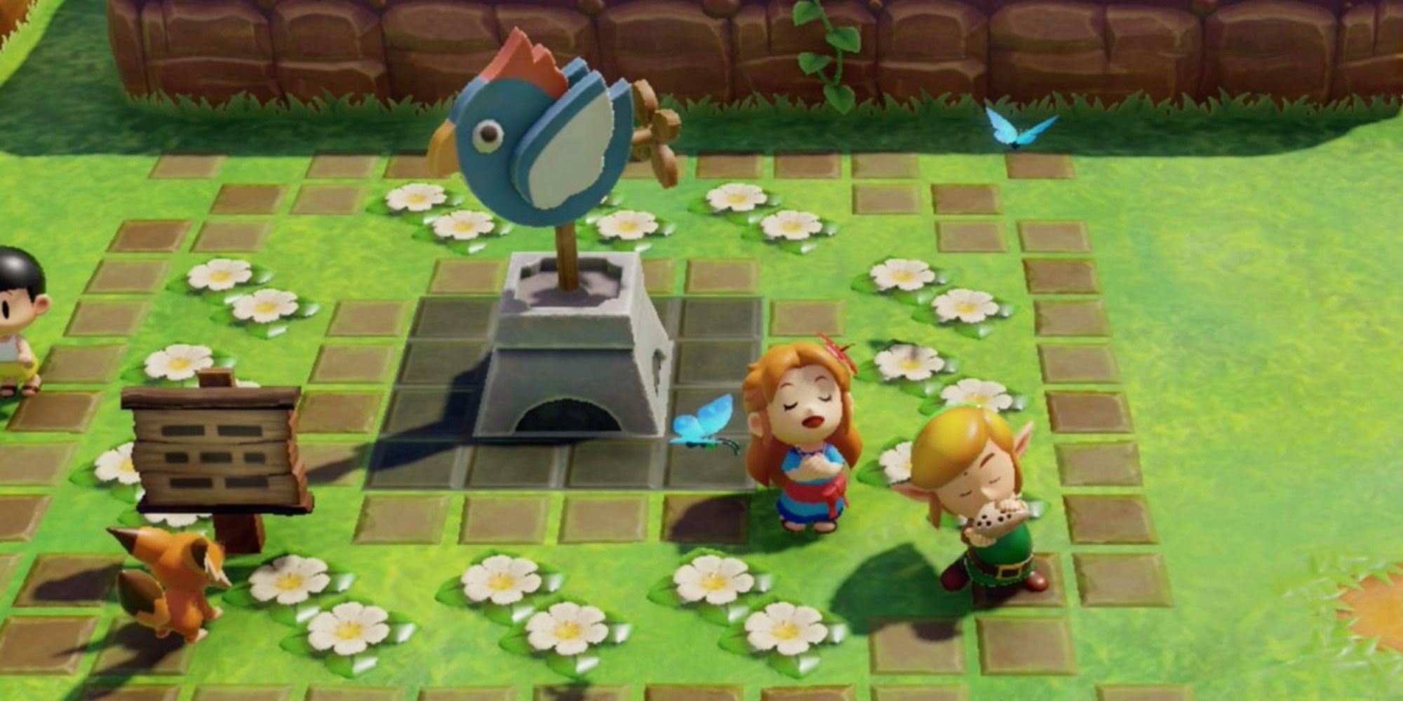 The legend of Zelda link's awakening remake hd screenshot of Link and Marin in front of a save statue