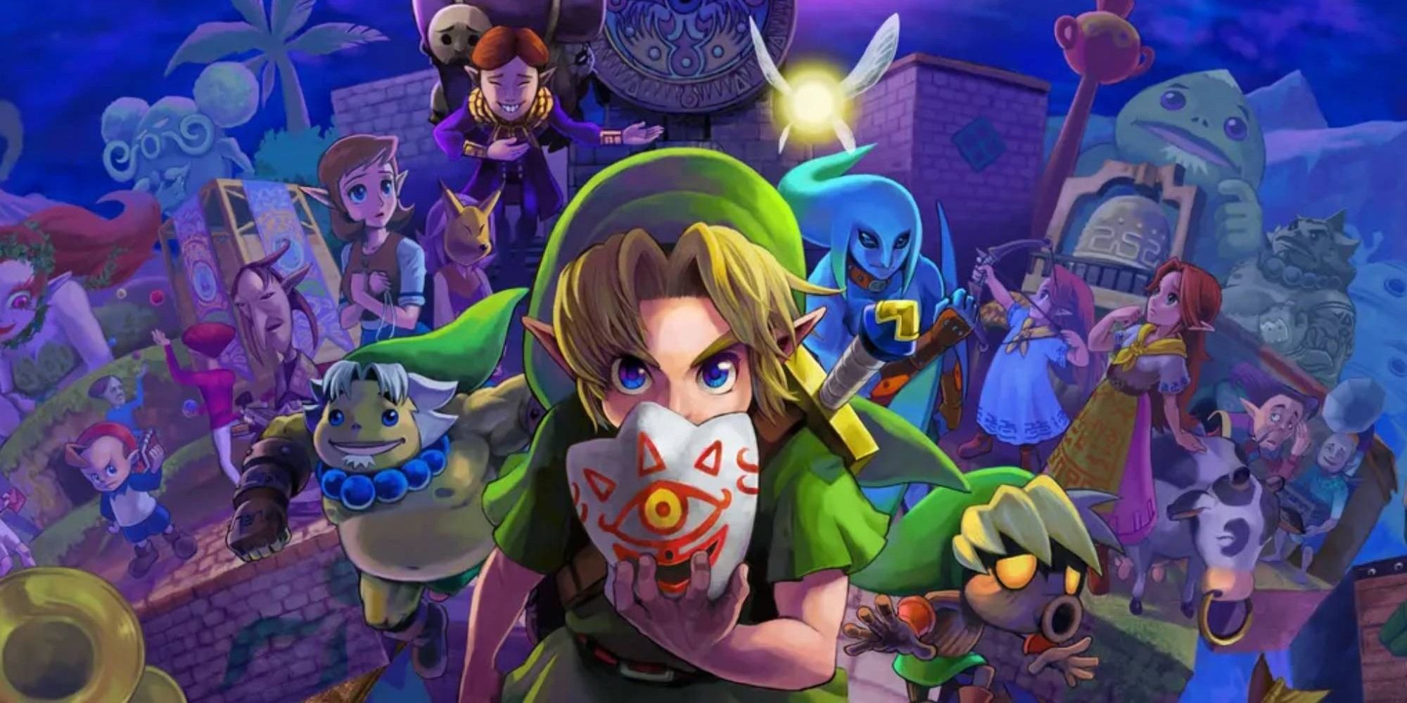 The legend of Zelda Majora's mask 3d artwork of Link happy amsk salesman and transformation masks giron zora and deku shrub