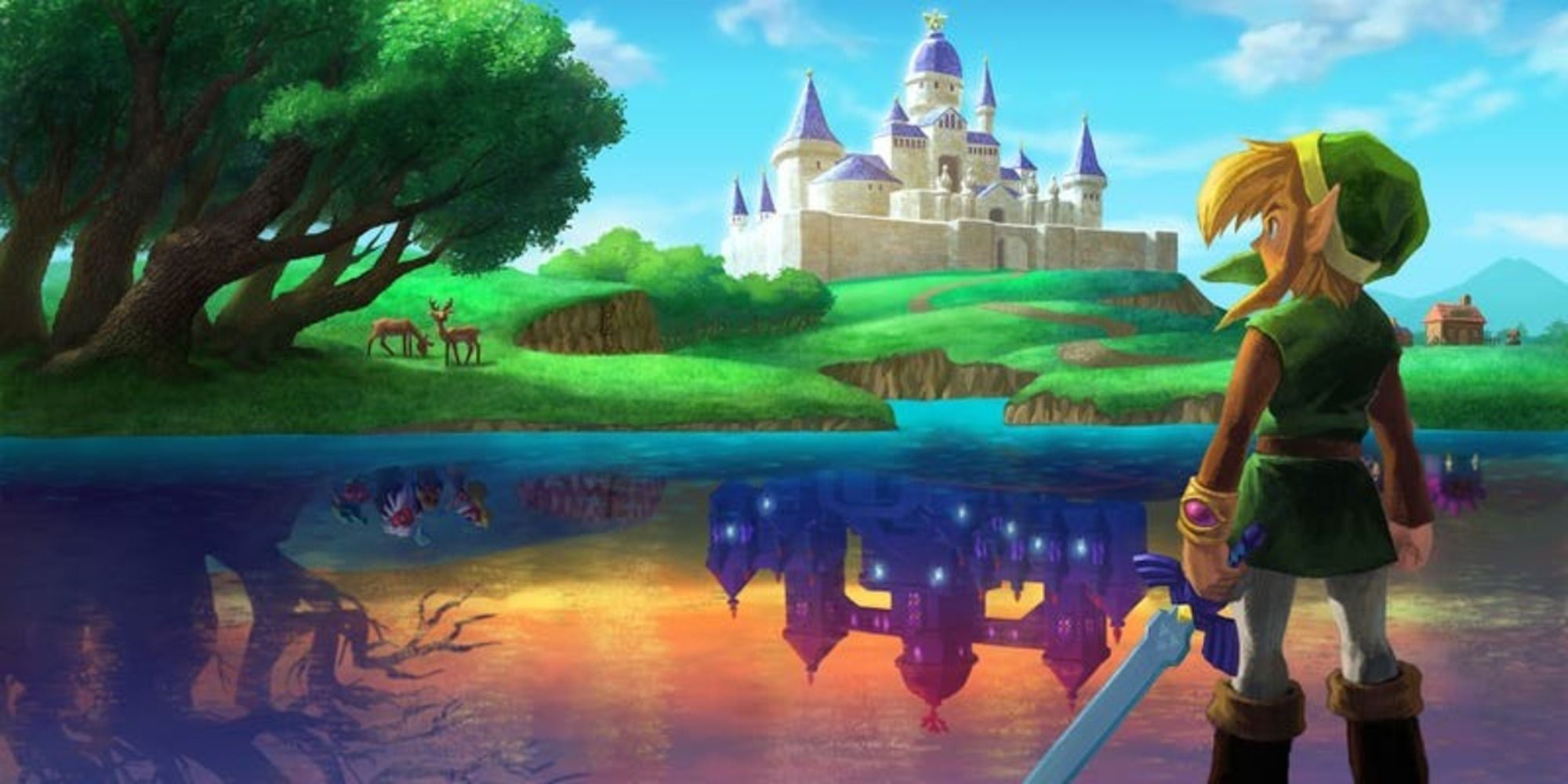 The legend of Zelda a link between worlds artwork of Link staring a deer cult lake parrakek dimension Hyrule lorule