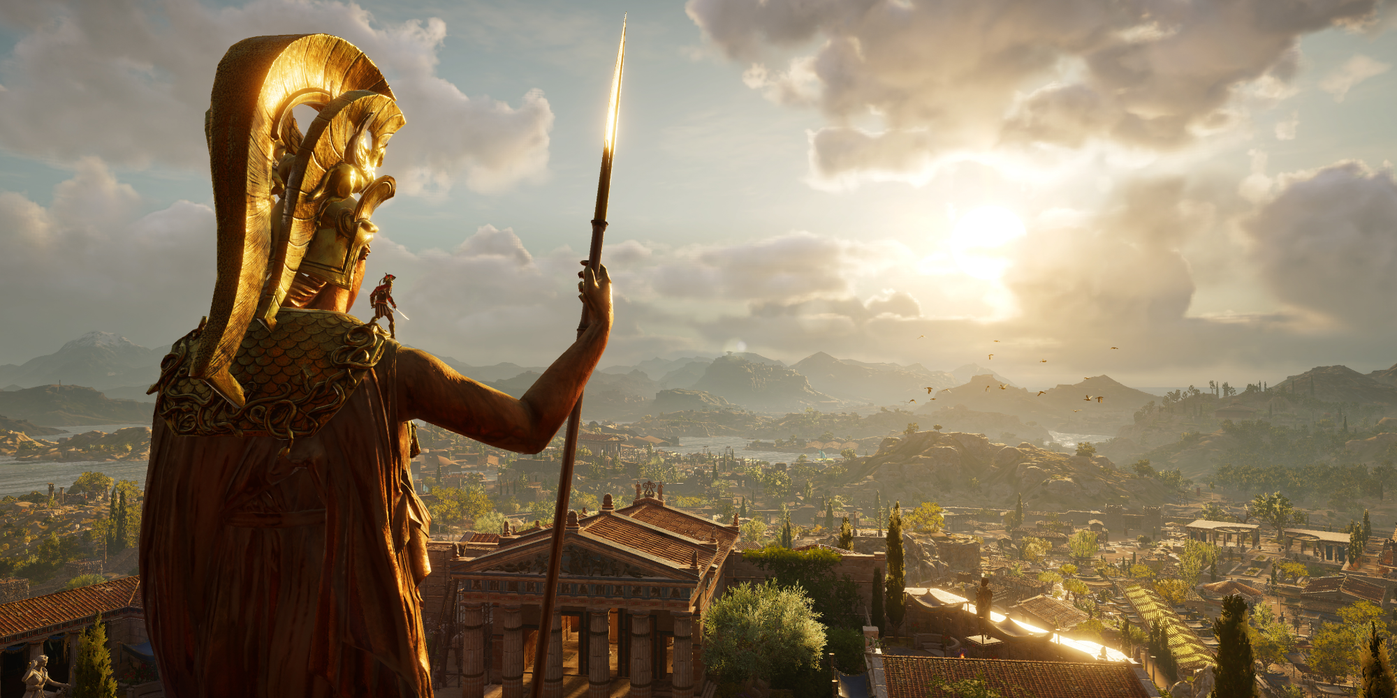 Assassin's Creed Odyssey Charcater Scales Athens on top of a statue
