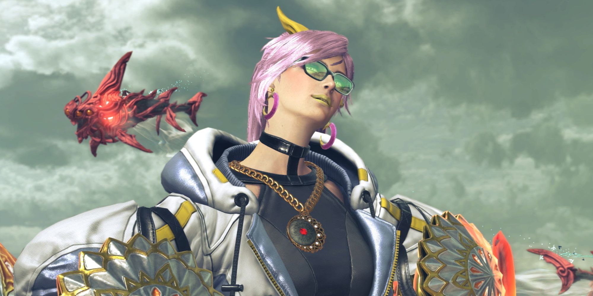 Bayonetta 3 Pink Hair Red Monster Flying In Background