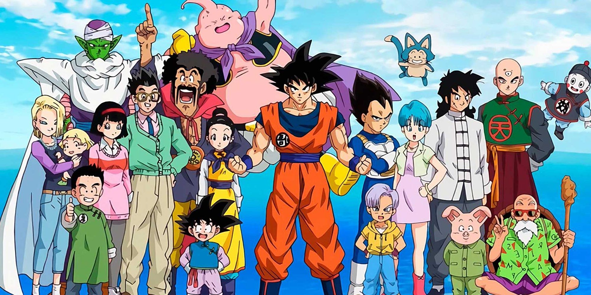 Goku and the Z Fighters pose for a photo in Dragon Ball Super