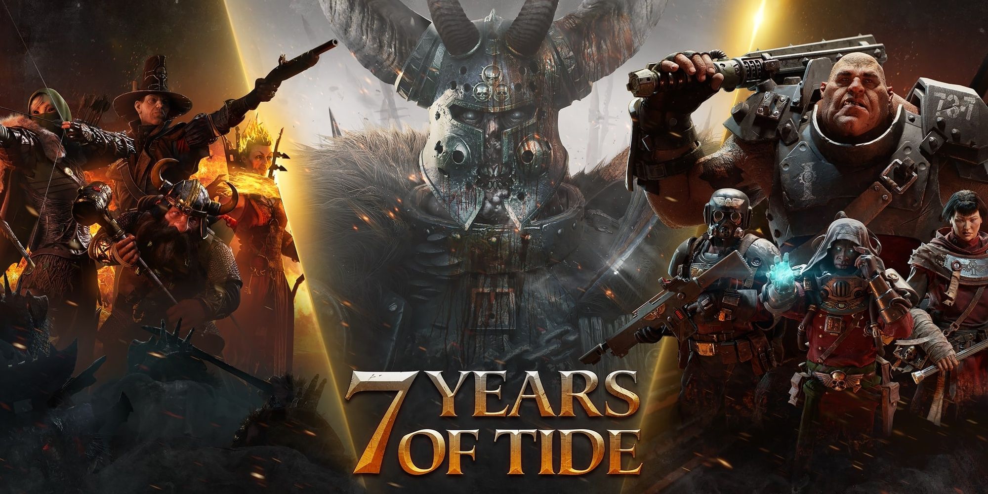 Fatshark's 7 Years of Tide promotional picture including characters from Vermintide 1 and 2 and Darktide