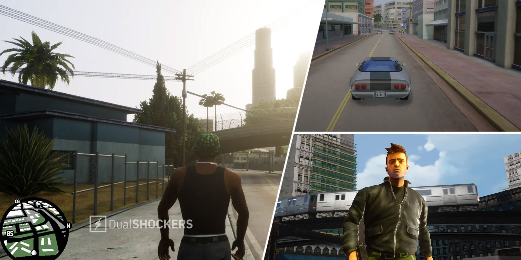 GTA Trilogy The Definitive Edition CJ walks away from the camera and Claude walks towards the camera