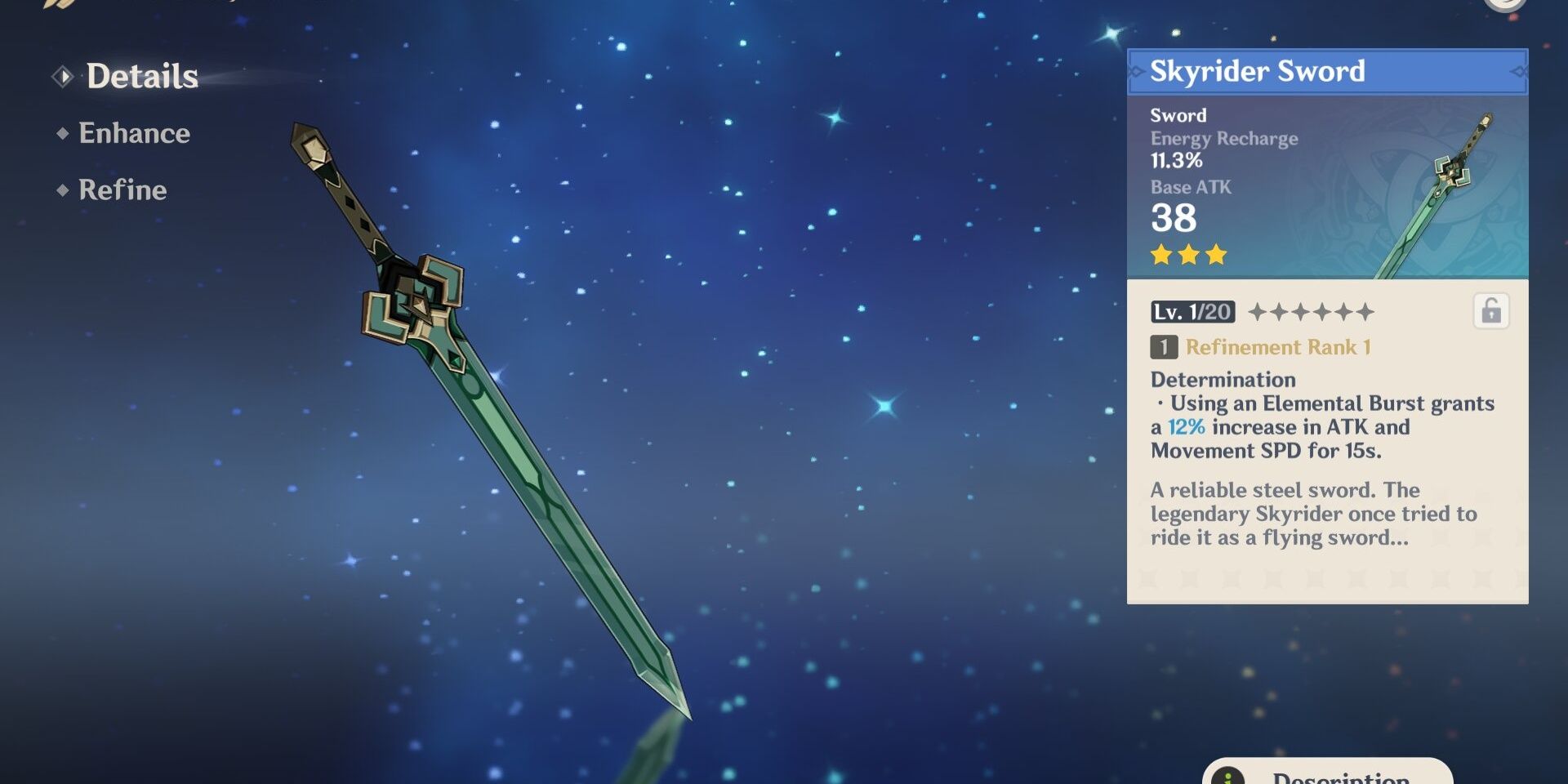 Image of the Skyrider Sword weapon and its stats in Genshin Impact.