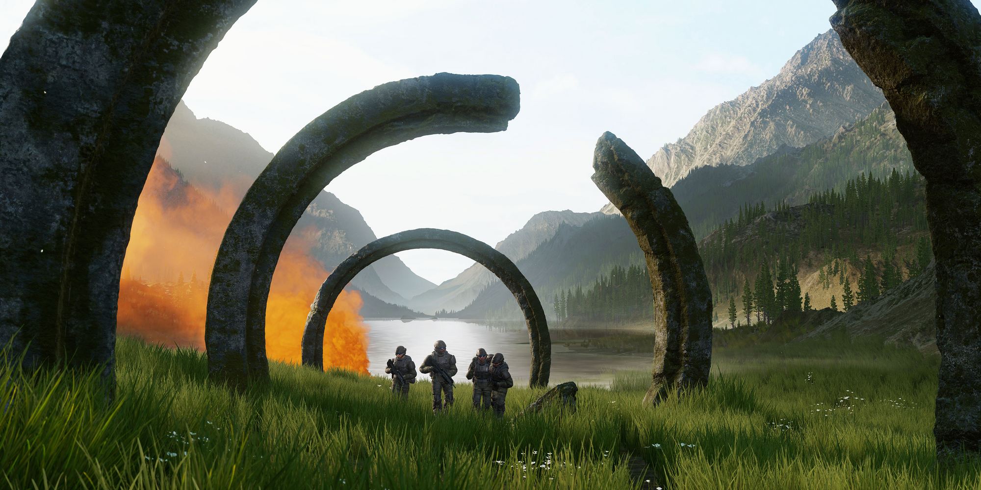 Halo Infinite Trailer Image marines walking through field framed by stone rings.