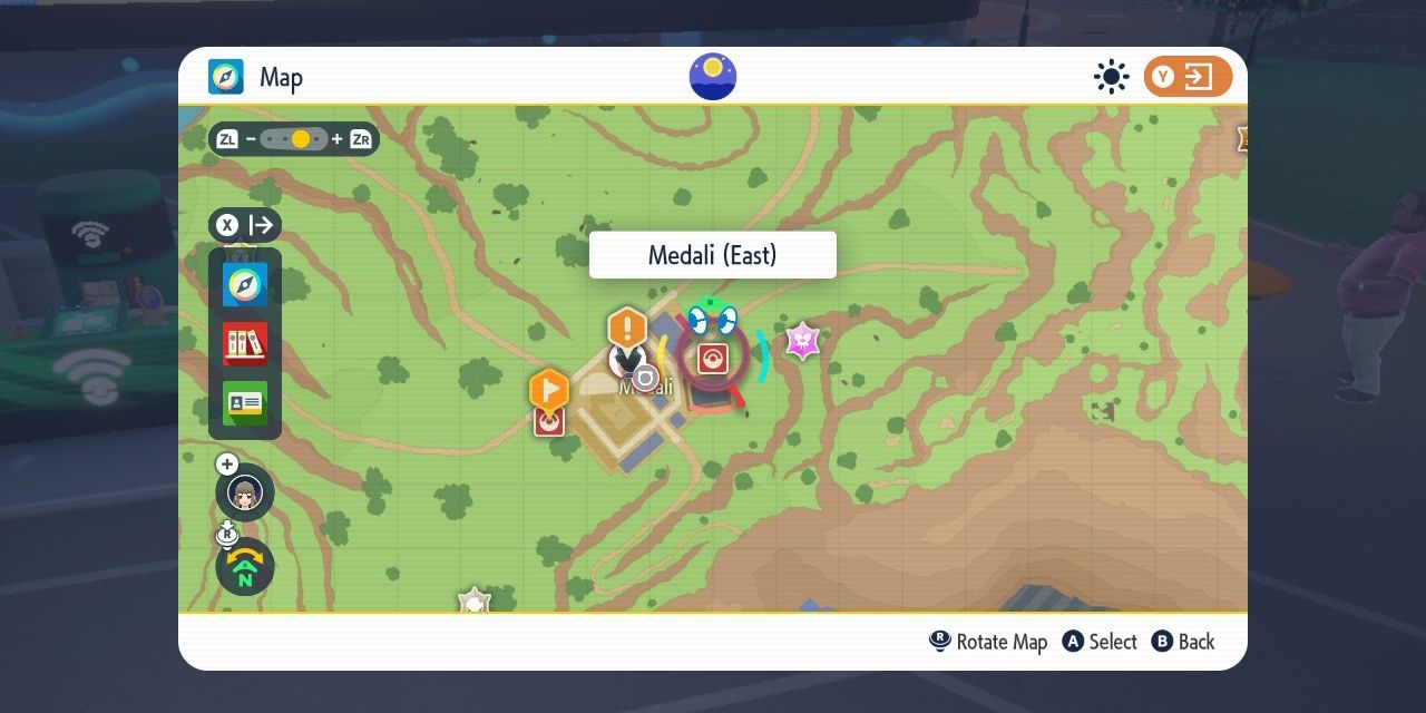 Image of the Medali East Pokemon Center on the map in Pokemon Scarlet & Violet. 