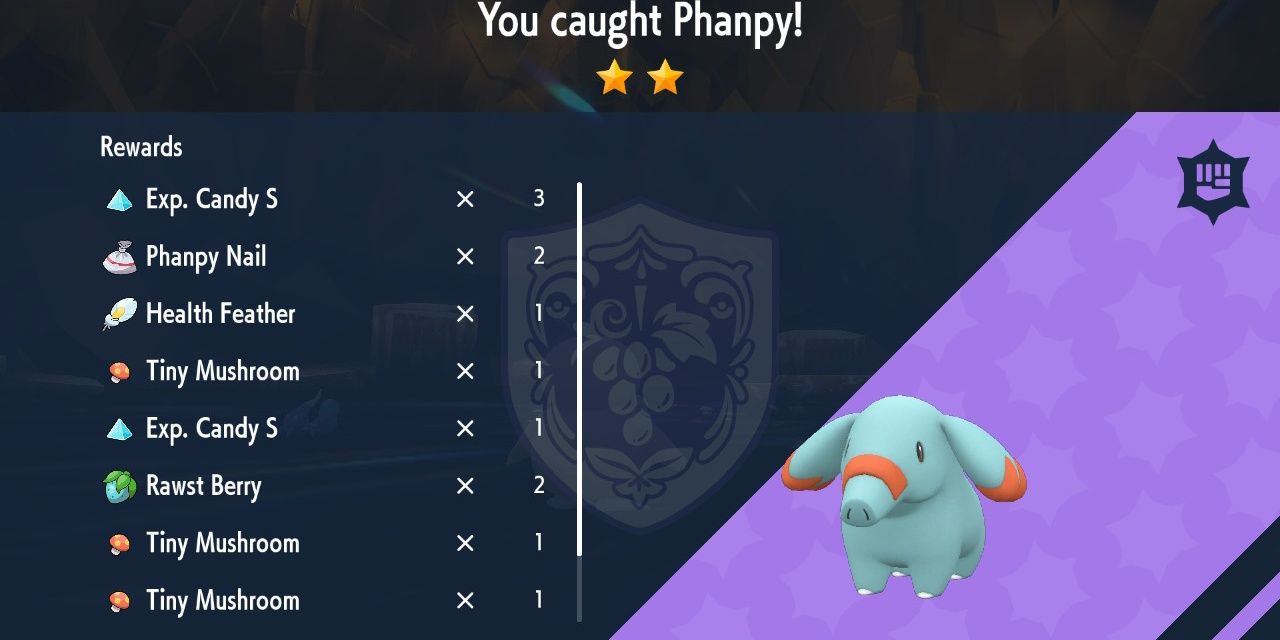 Image of the rewards received from a Tera Raid Battle with Phanpy in Pokemon Scarlet & Violet.