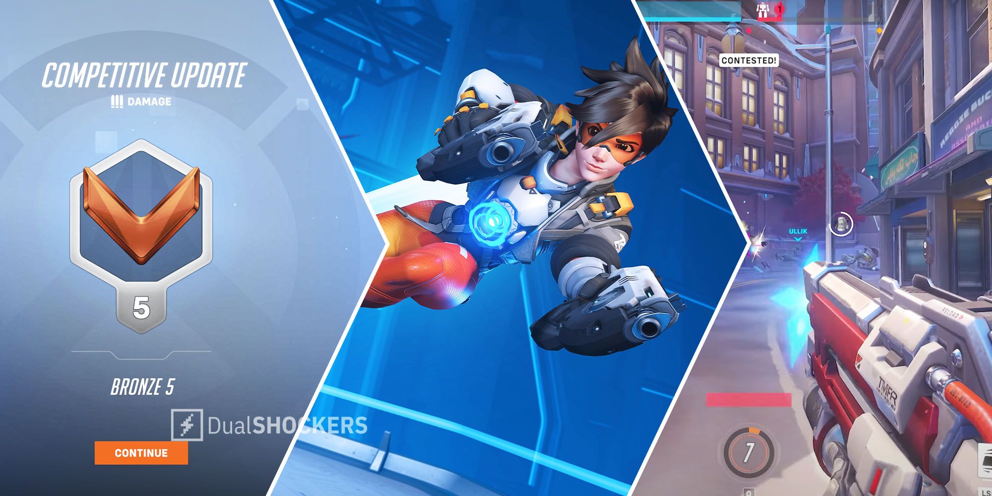 Overwatch 2 Bronze 5 update with Tracer aimin weapons at the screen