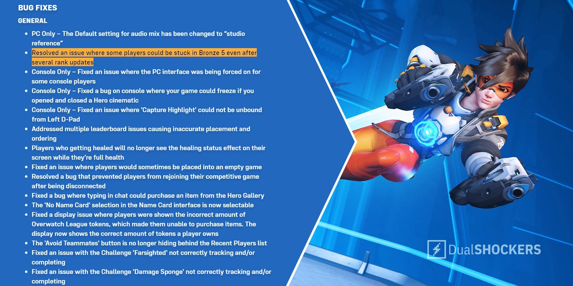 Overwatch 2 patch notes including the major Bronze 5 bug with Tracer aiming weapons at the screen