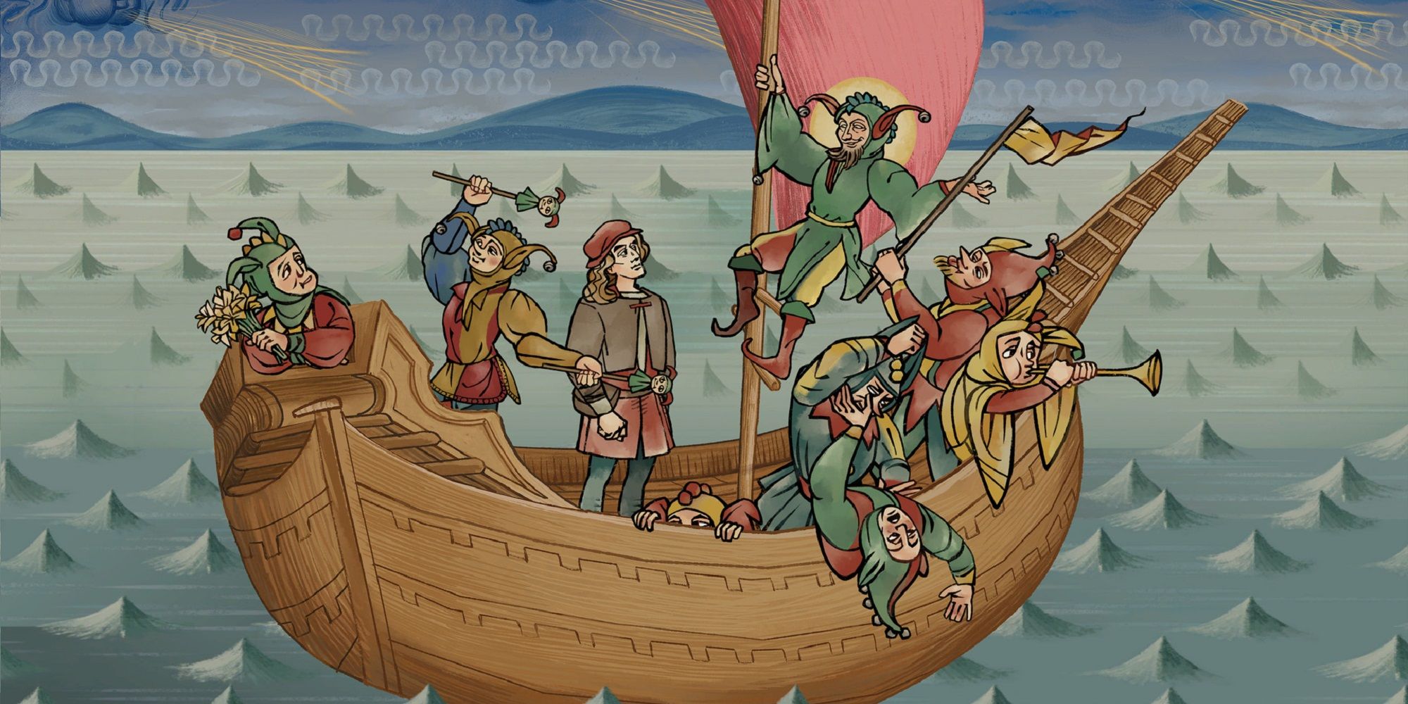 Pentiment screen showing a ship with several clowns