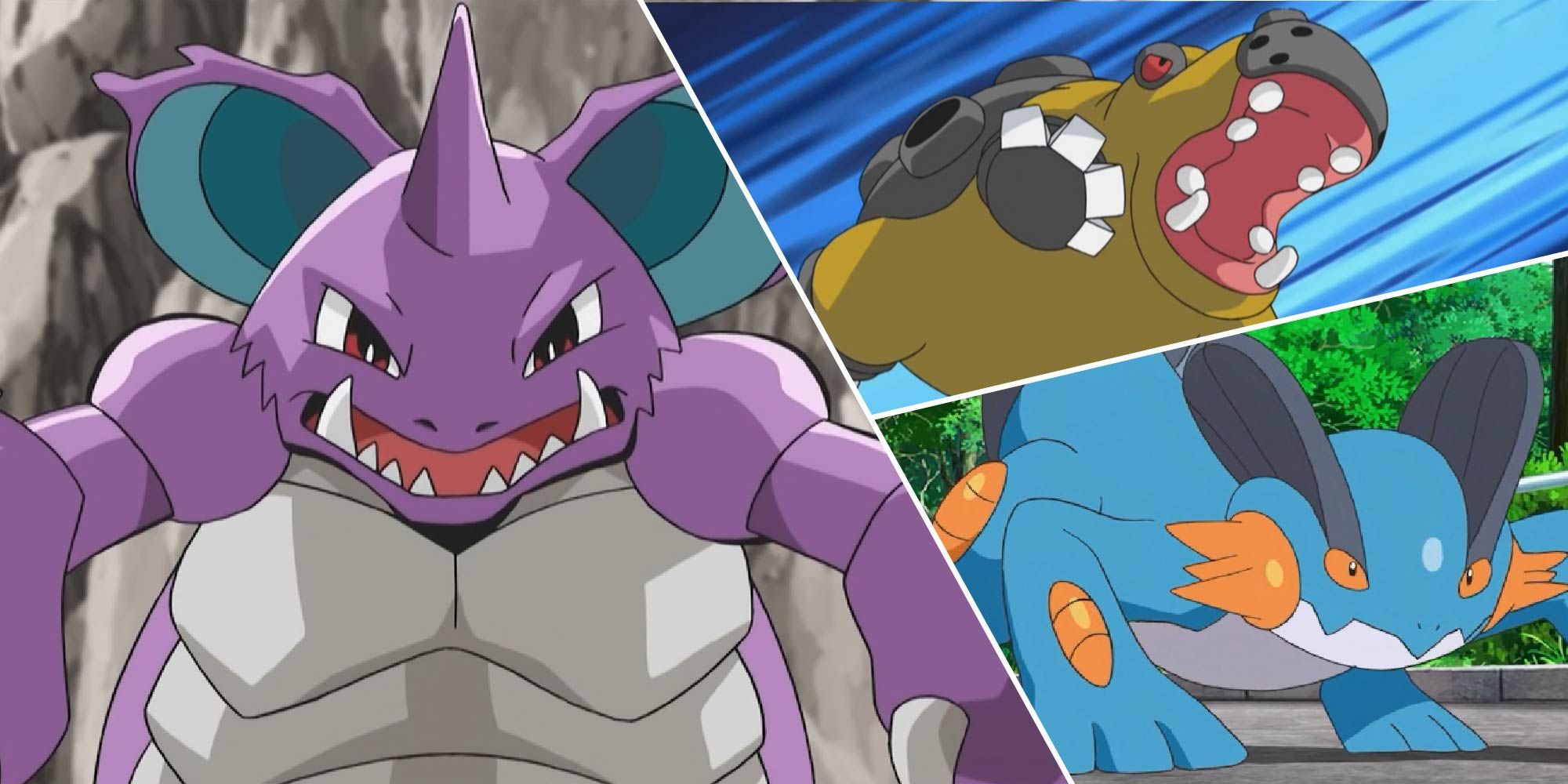 A split image featuring Nidoking (left), Hippowdon (top right), and Swampert (bottom right).
