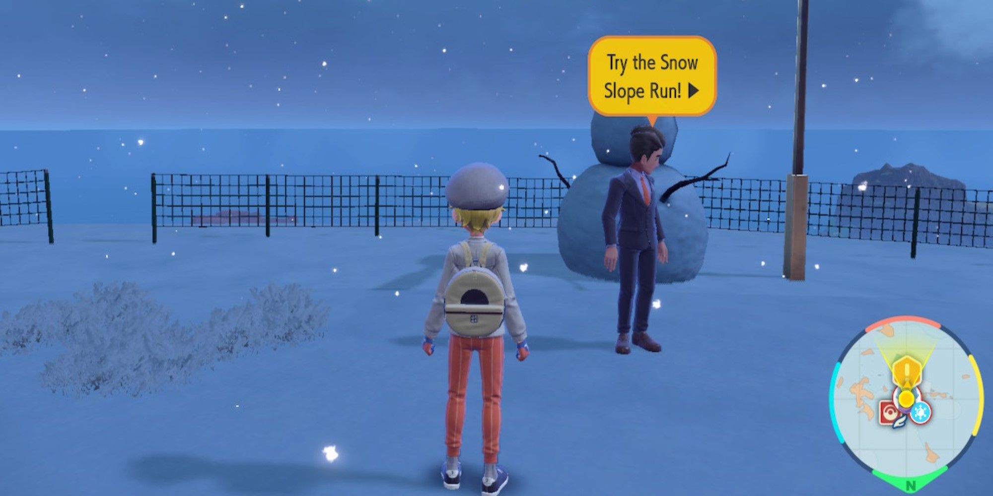 Pokemon Scarlet & Violet Glaseado Gym Trainer next to snowman saying to try the Snow Slope Run