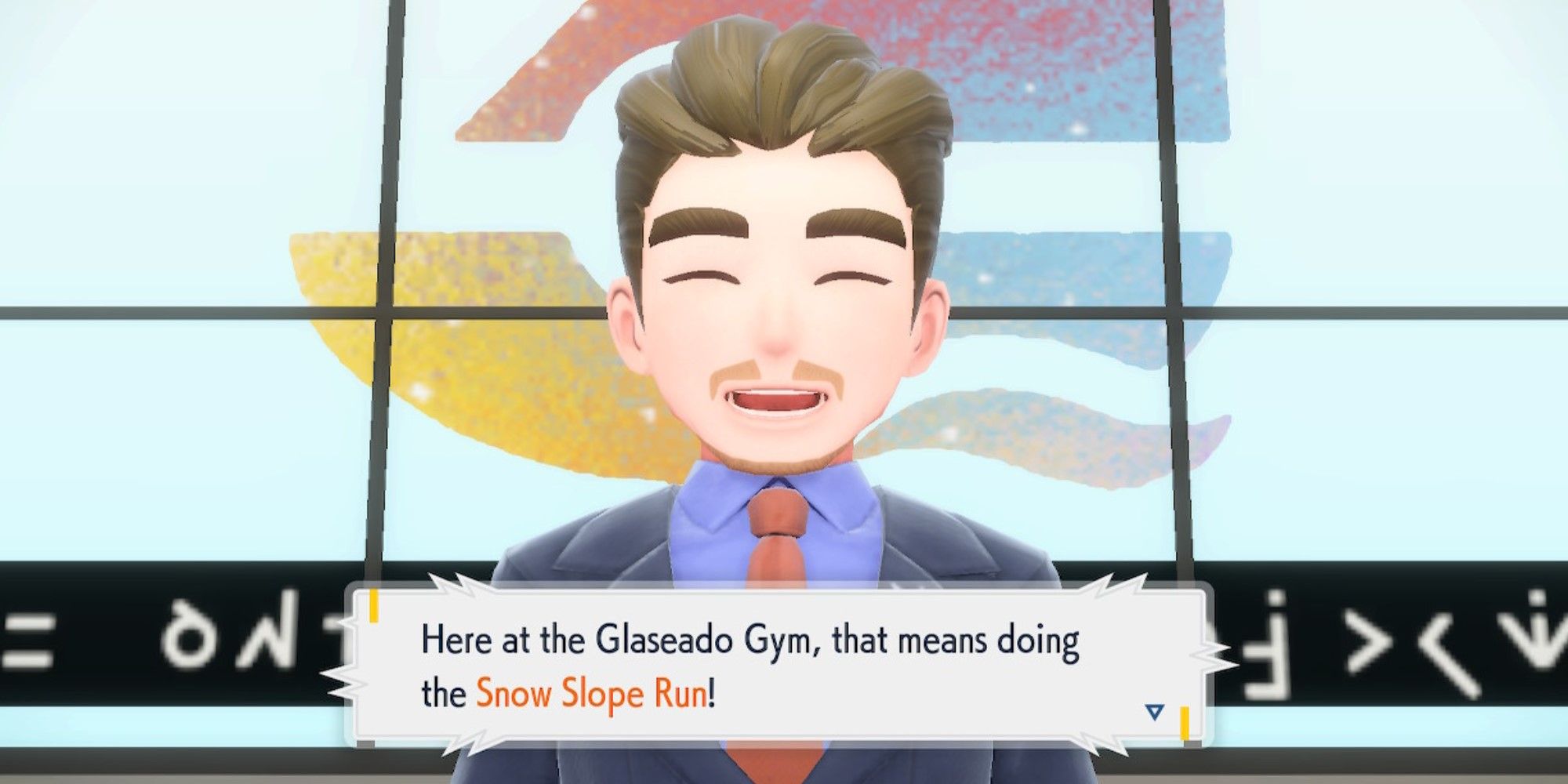 Pokemon Scarlet & Violet Glaseado Gym Trainer explaining Snow Slope Run is the gym test