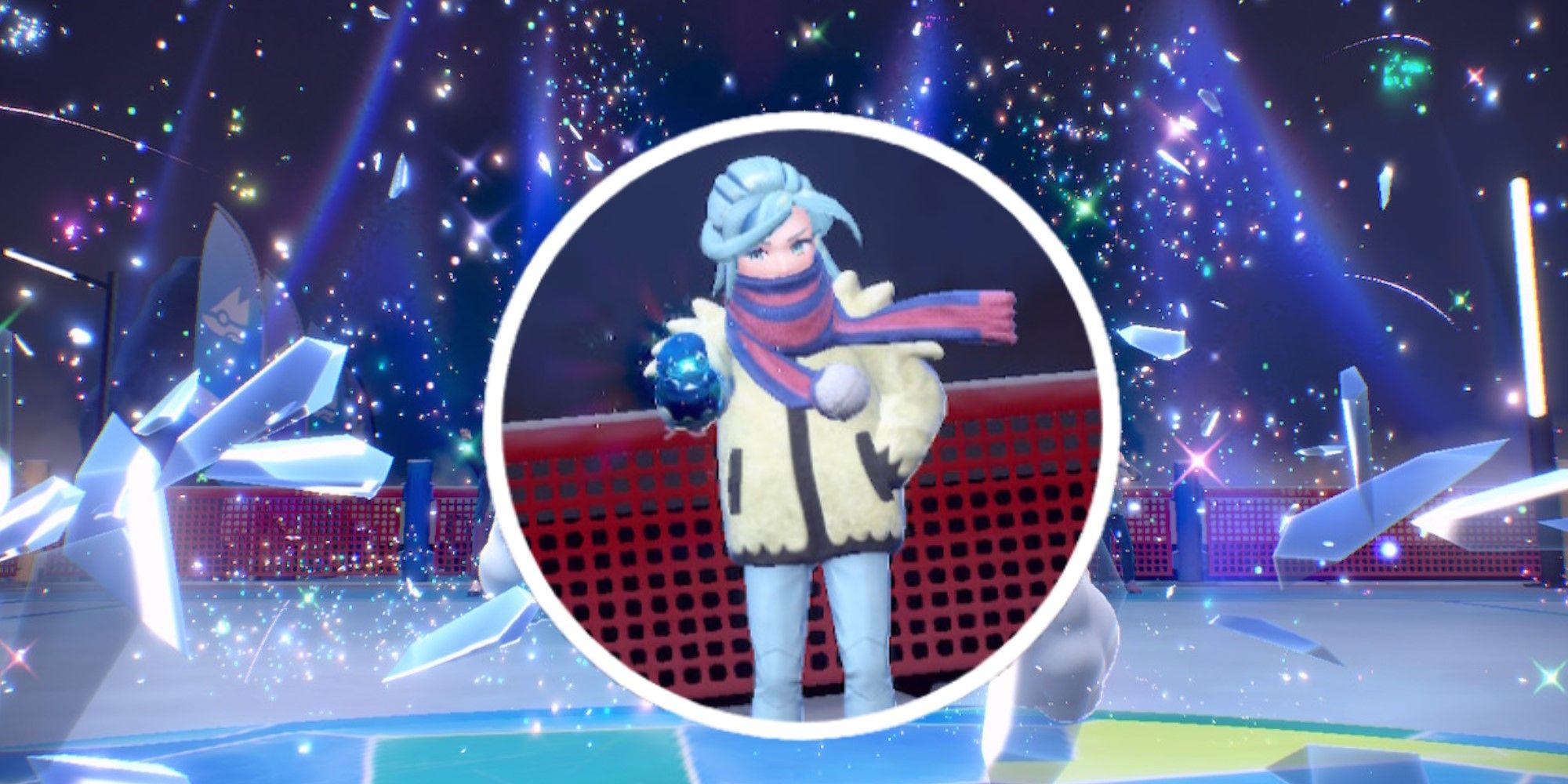 Pokémon Scarlet & Violet Split Image Gym Leader Grusha surrounded by a shattered Tera Form at Glaseado Gym