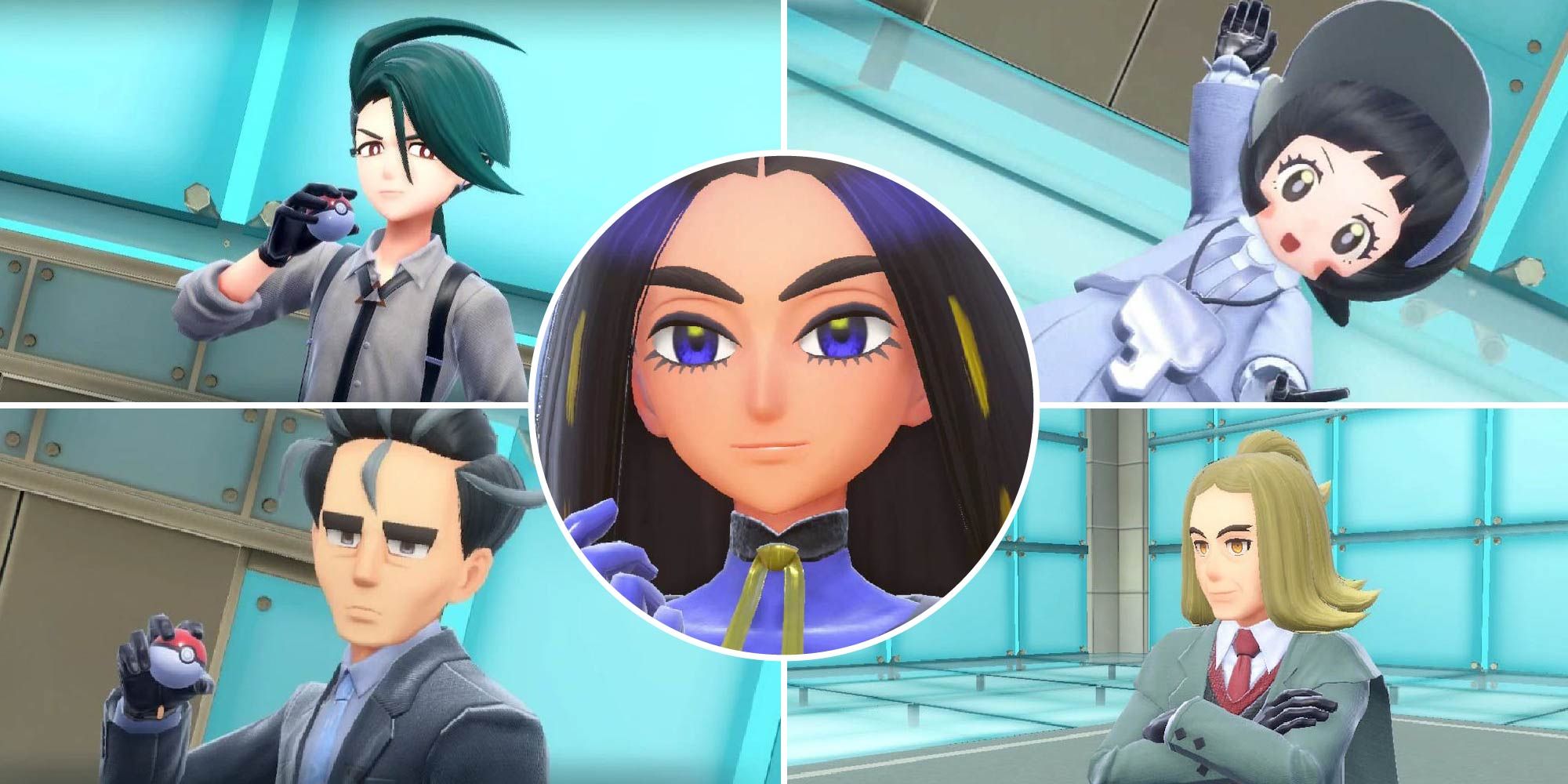 A split image featuring the Elite Four of Pokemon Scarlet & Violet: Rika (top right), Poppy (top left), Larry (bottom right), and Hassel (bottom left). The Top Champion, Geeta, is in the middle.