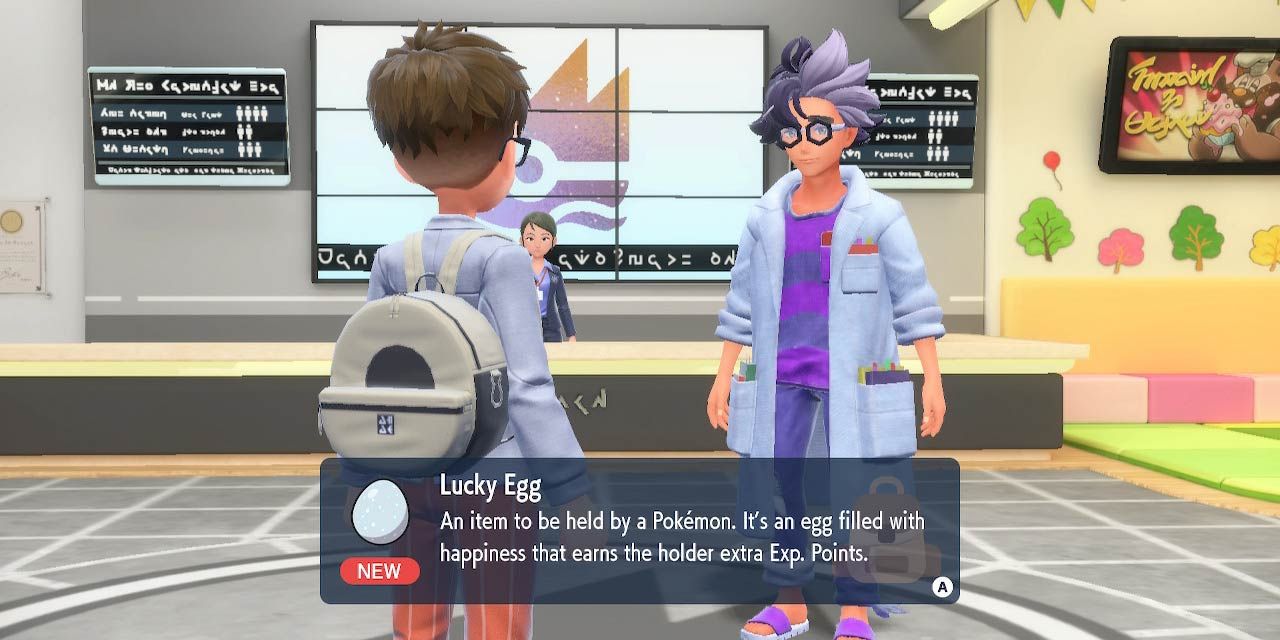 The protagonist of Pokémon Scarlet and Violet obtains a lucky egg from Jacq.