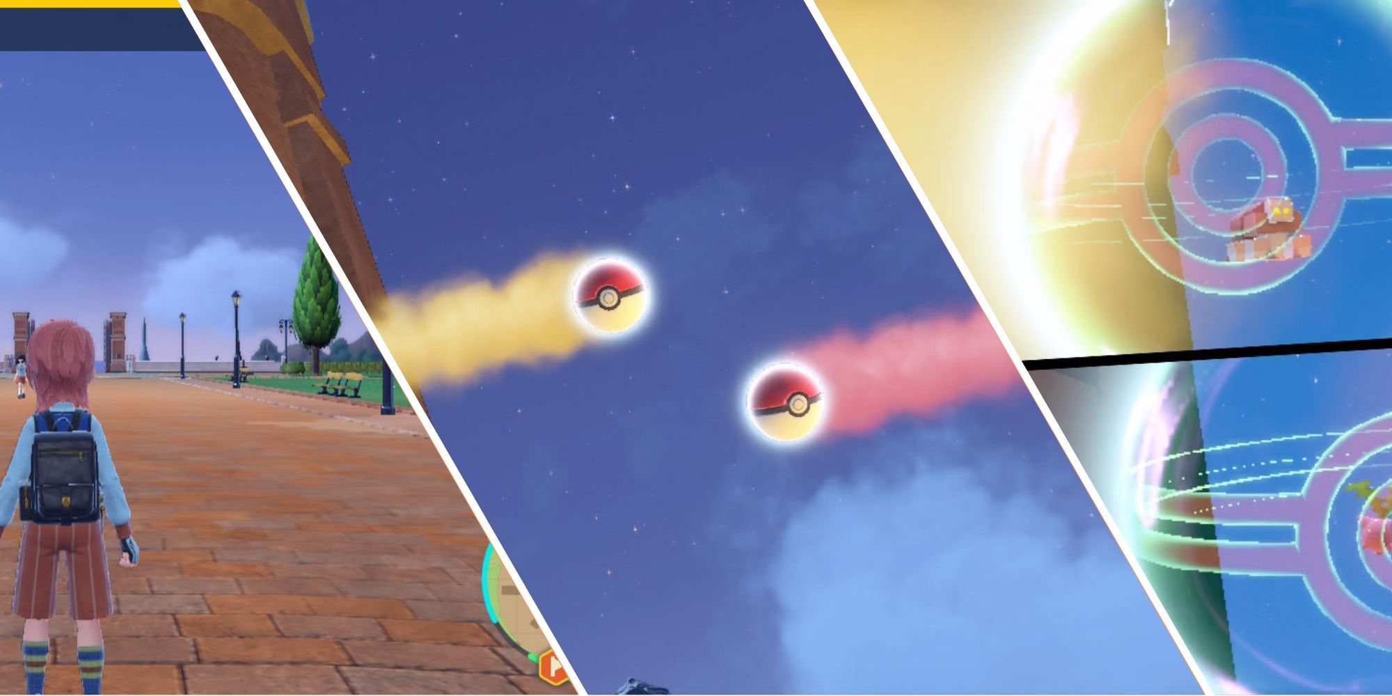 Split image of player, pokéballs, and see through pokéballs in Pokémon Scarlet & Violet. 