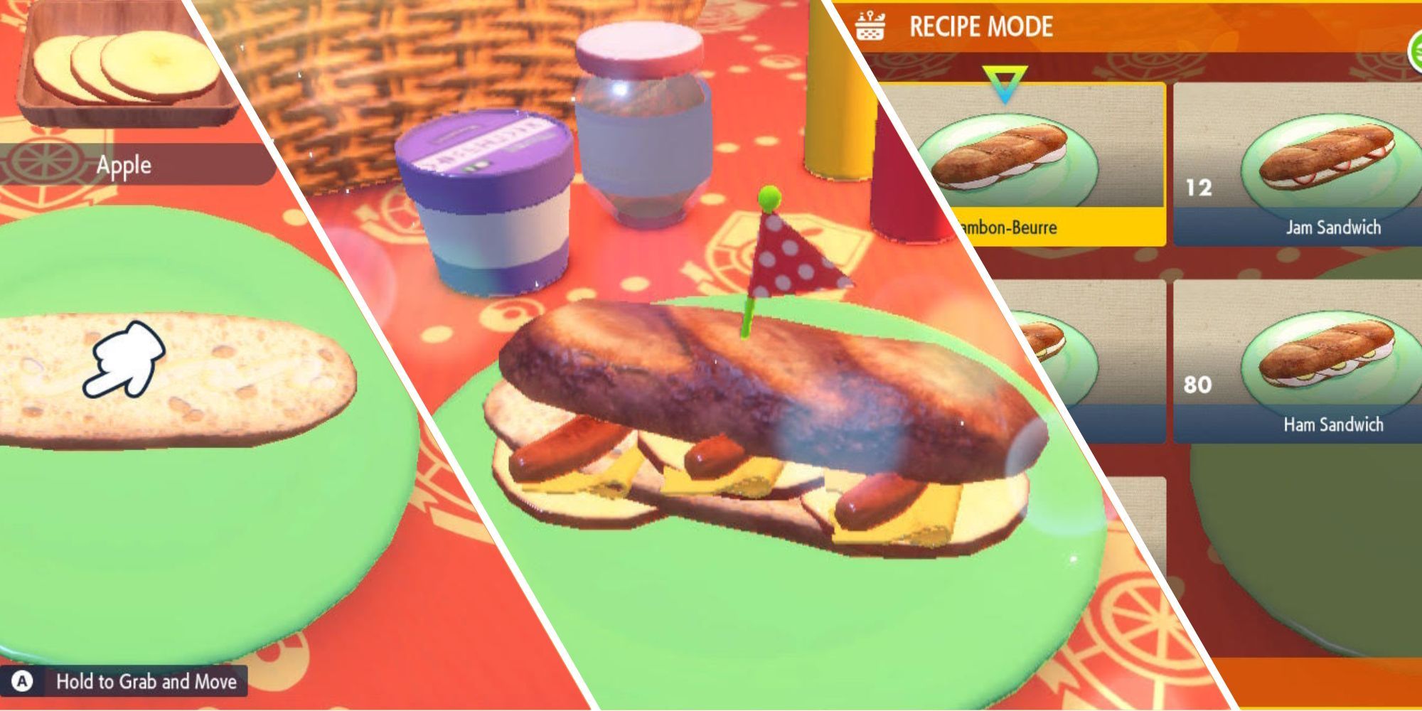 Split image of sandwich making, a finished sandwich, and the recipe menu in Pokémon Scarlet & Violet.