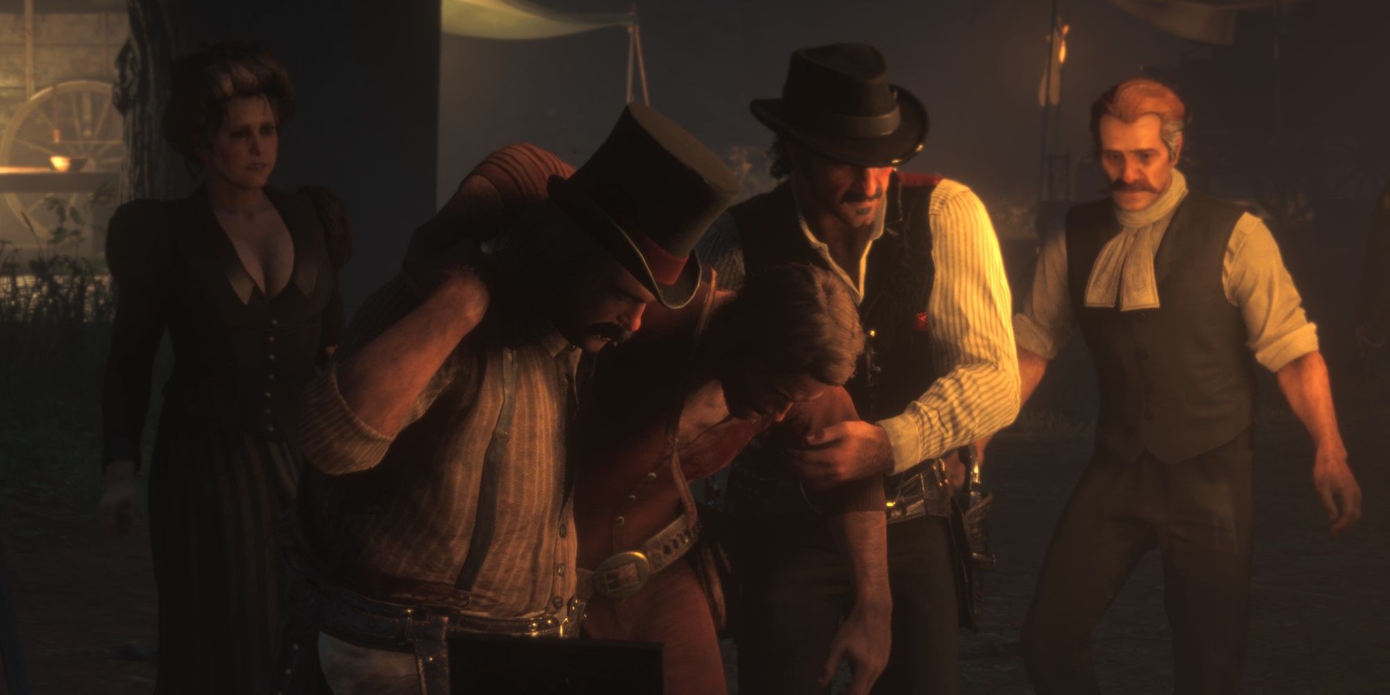Red Dead Redemption 2 Blessed Are The Peacemakers Ending Cutscene wounded Arthur carried by Pearson and Dutch